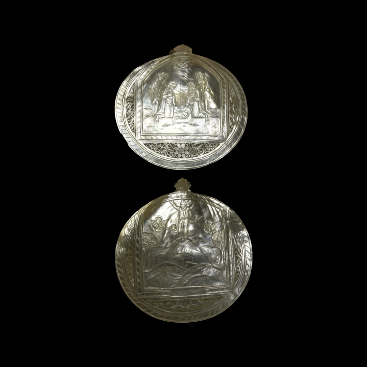 Typical Nativity Scene Mother of Pearl Carving, Bethlehem. Pair.