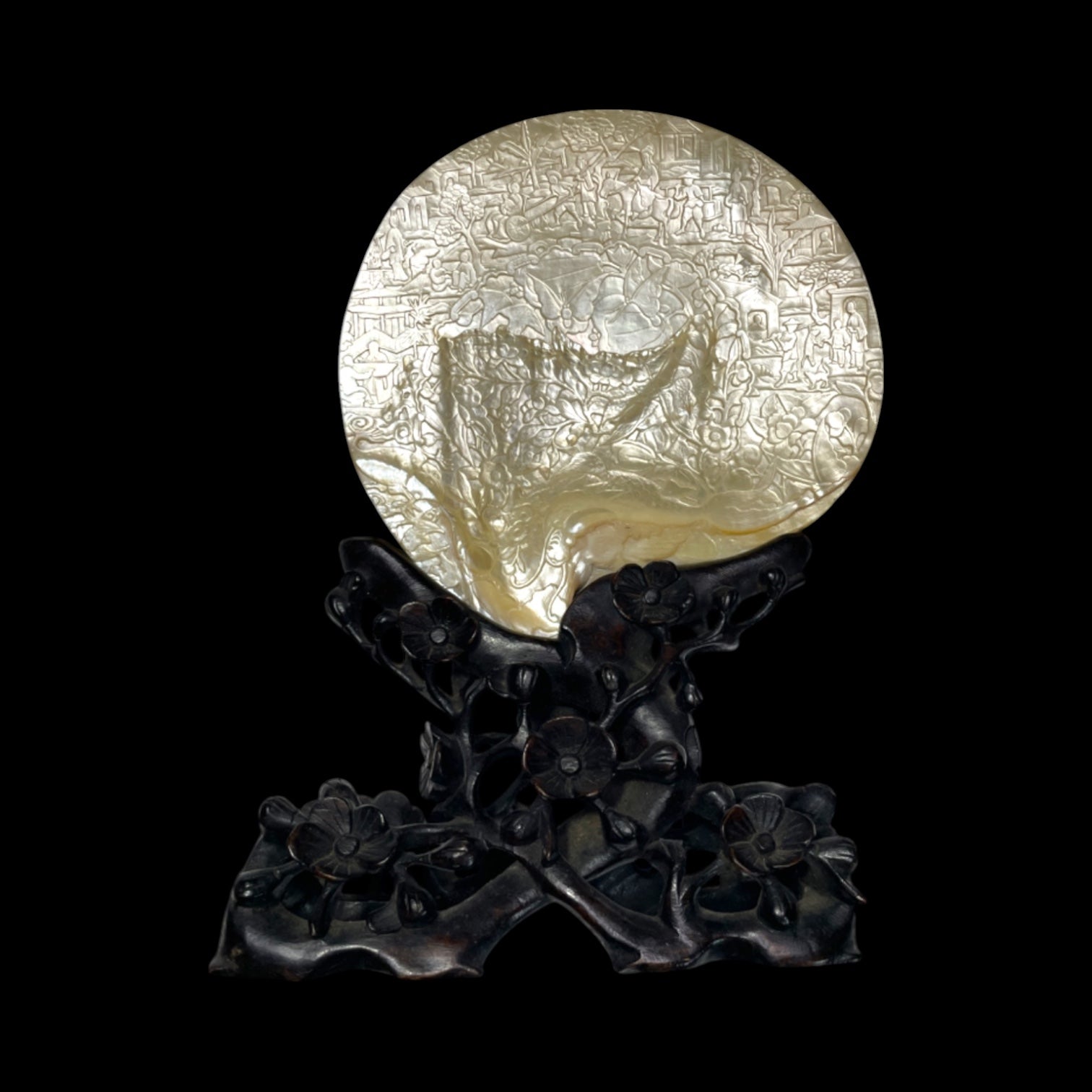 Qing Dynasty Hand-Carved Pearl Shell with Original Stand.