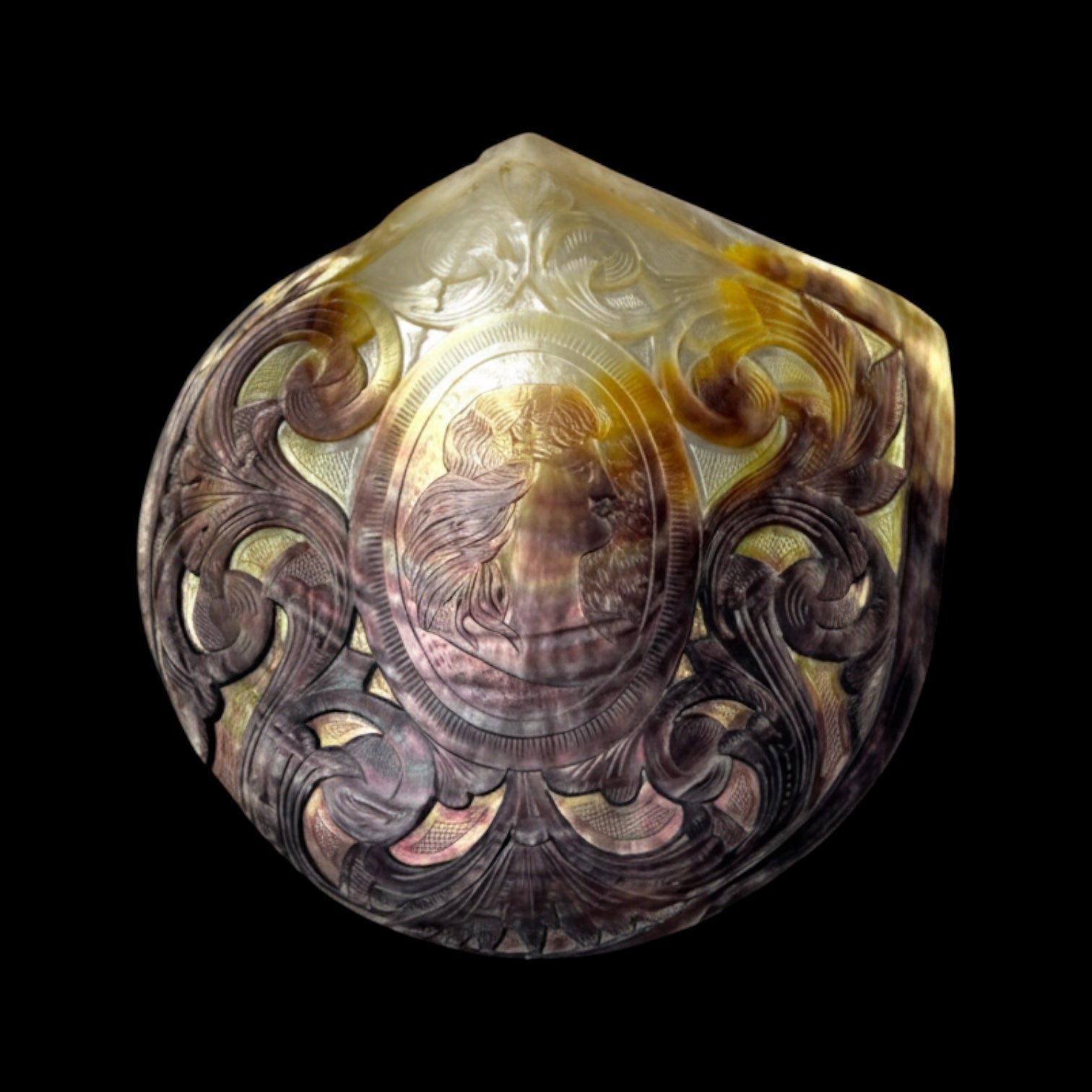 Large Antique Convict-Carved Pearl Shell Art: Circa 1880, New Caledonia. With Stand.