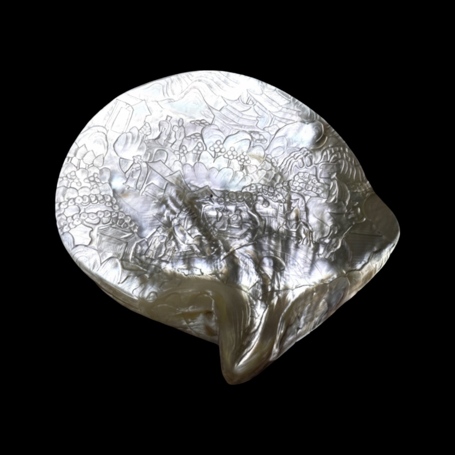 A Qing Dynasty (Late 1800s) Hand-Carved Pearl Shell. With stand.