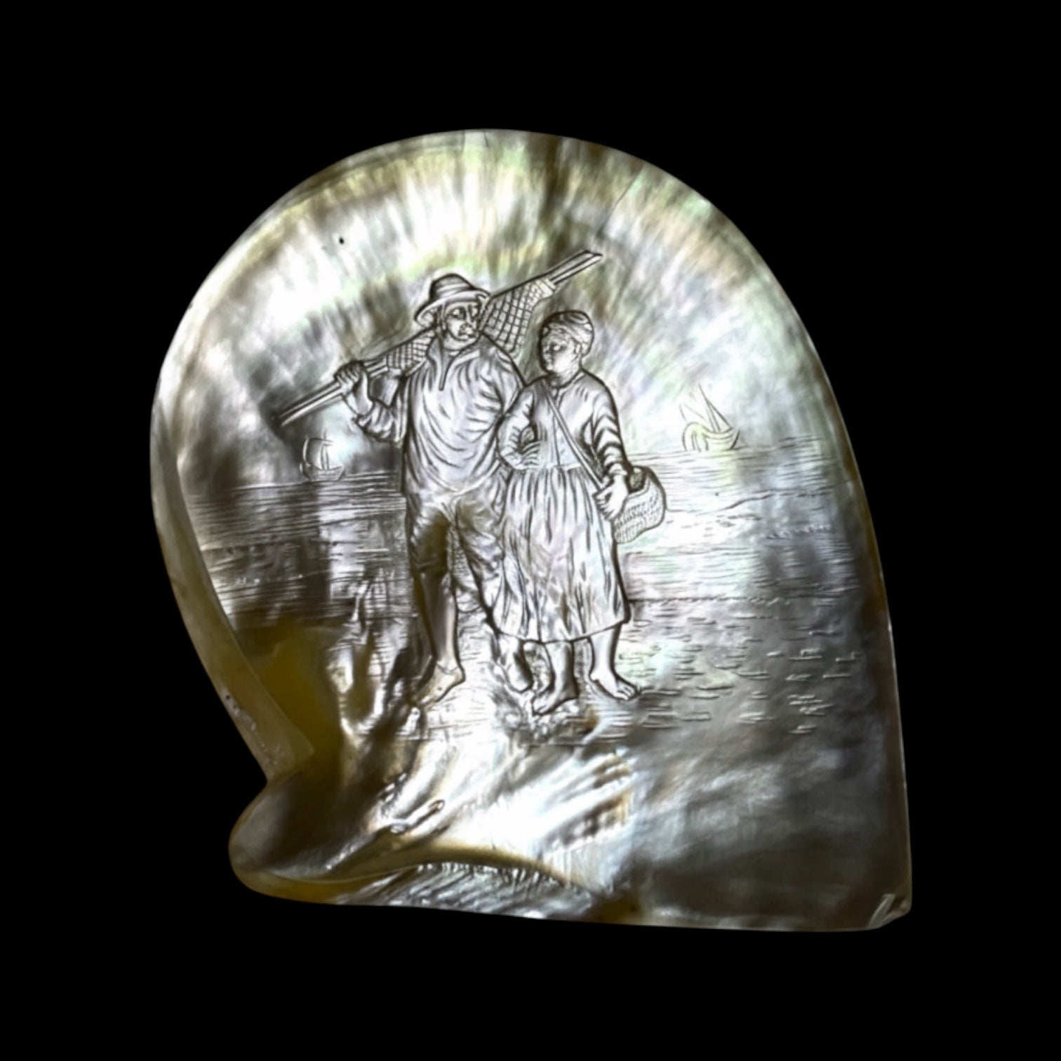 French Polynesian Hand-Carved Pearl Shell. With Stand.