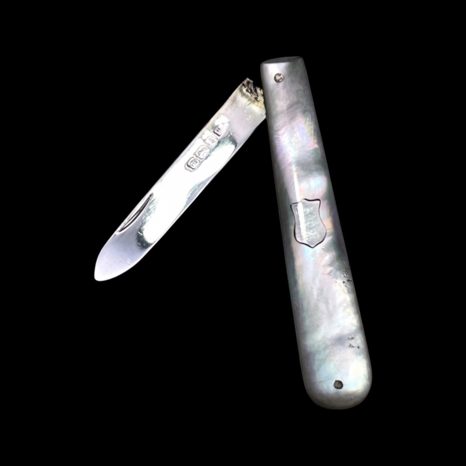 Antique Mother of Pearl Sterling Silver Folding Pocket Knife, London. Cased.