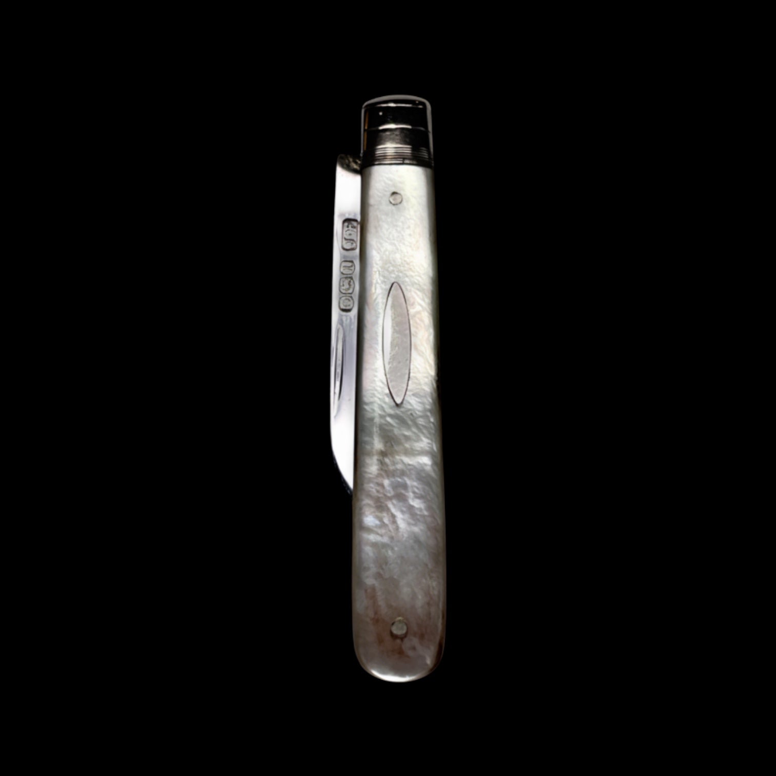 Antique Pocket Knife: 1910, James Fenton, England. Mother of Pearl and Stirling Silver. Cased.