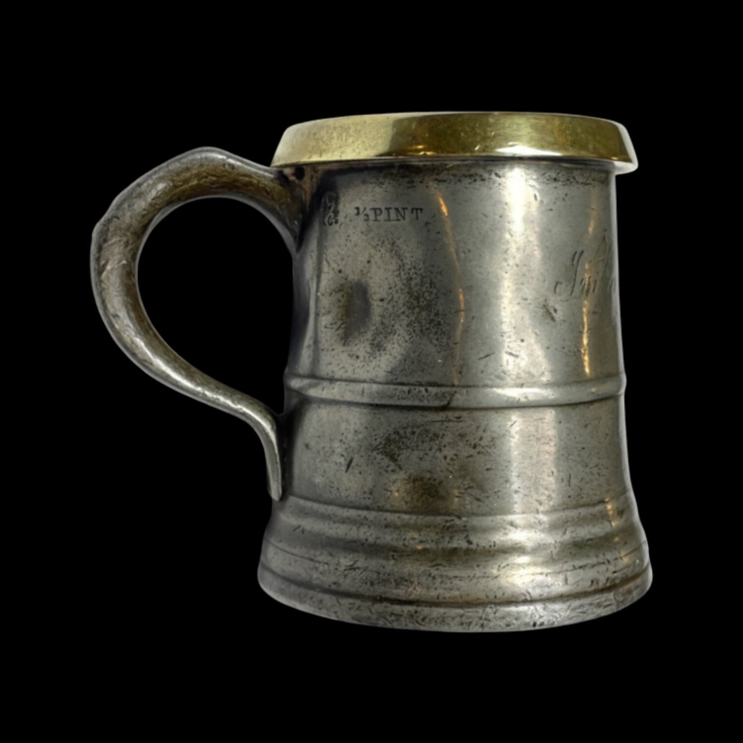 Antique Half Pint Pewter Tankard with Brass Rim. Engraved and Stamped.