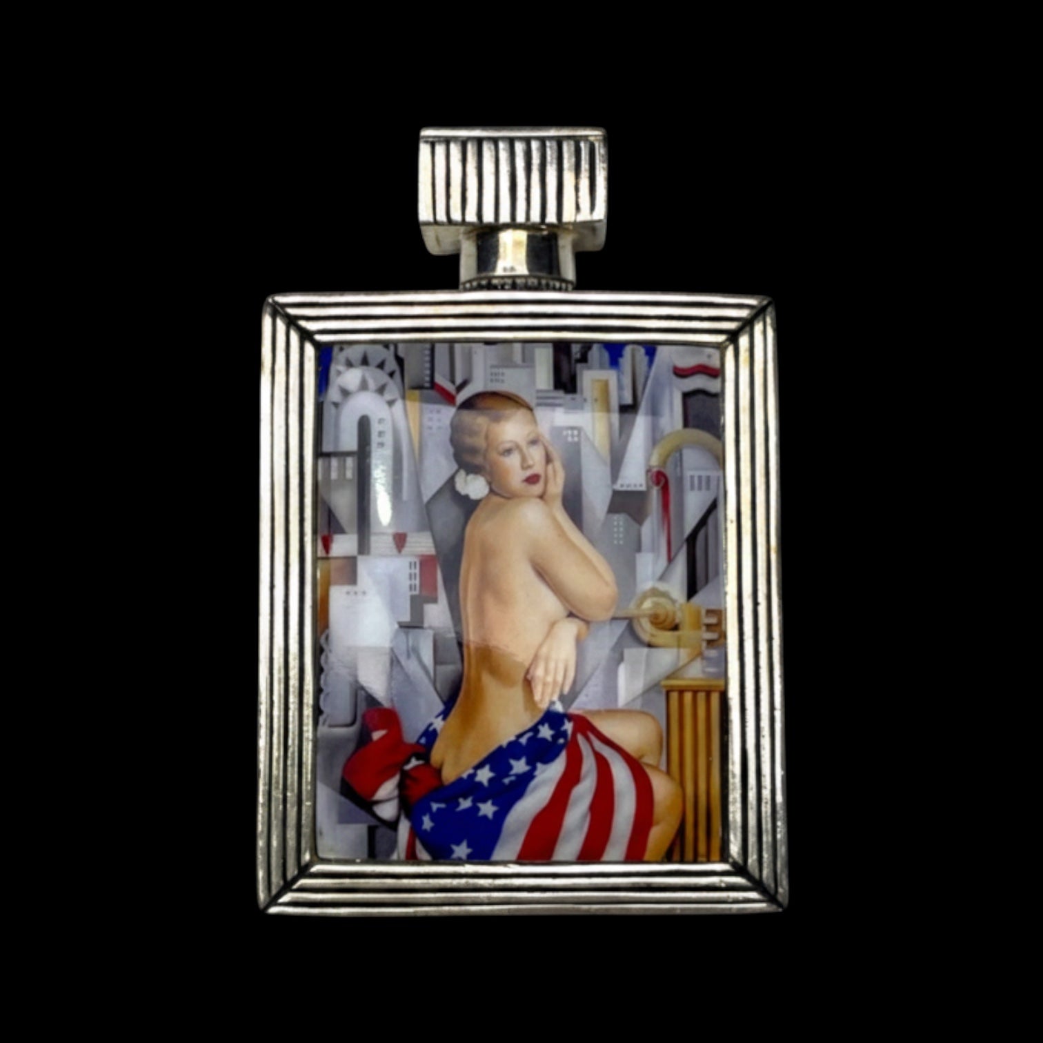 Art Deco Style Hip-Silver Flask with Enamel Nude and American Flag Motif. Cased.