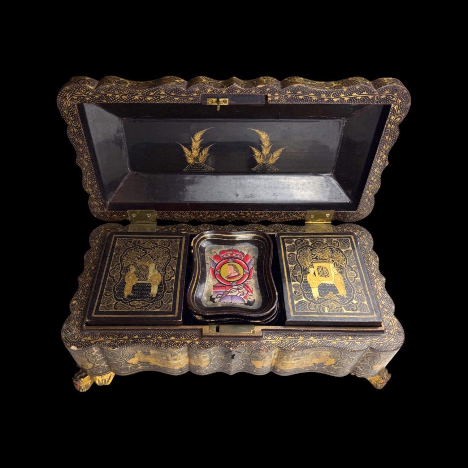 19th Century Lacquer Games Box. Hand-Painted.