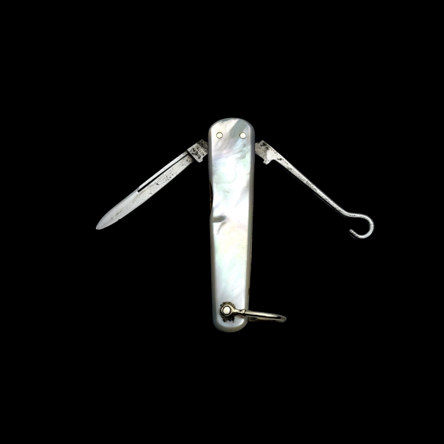 Vintage Pocket Knife Key Ring. Early 19th Century, Mother of Pearl and Steel.