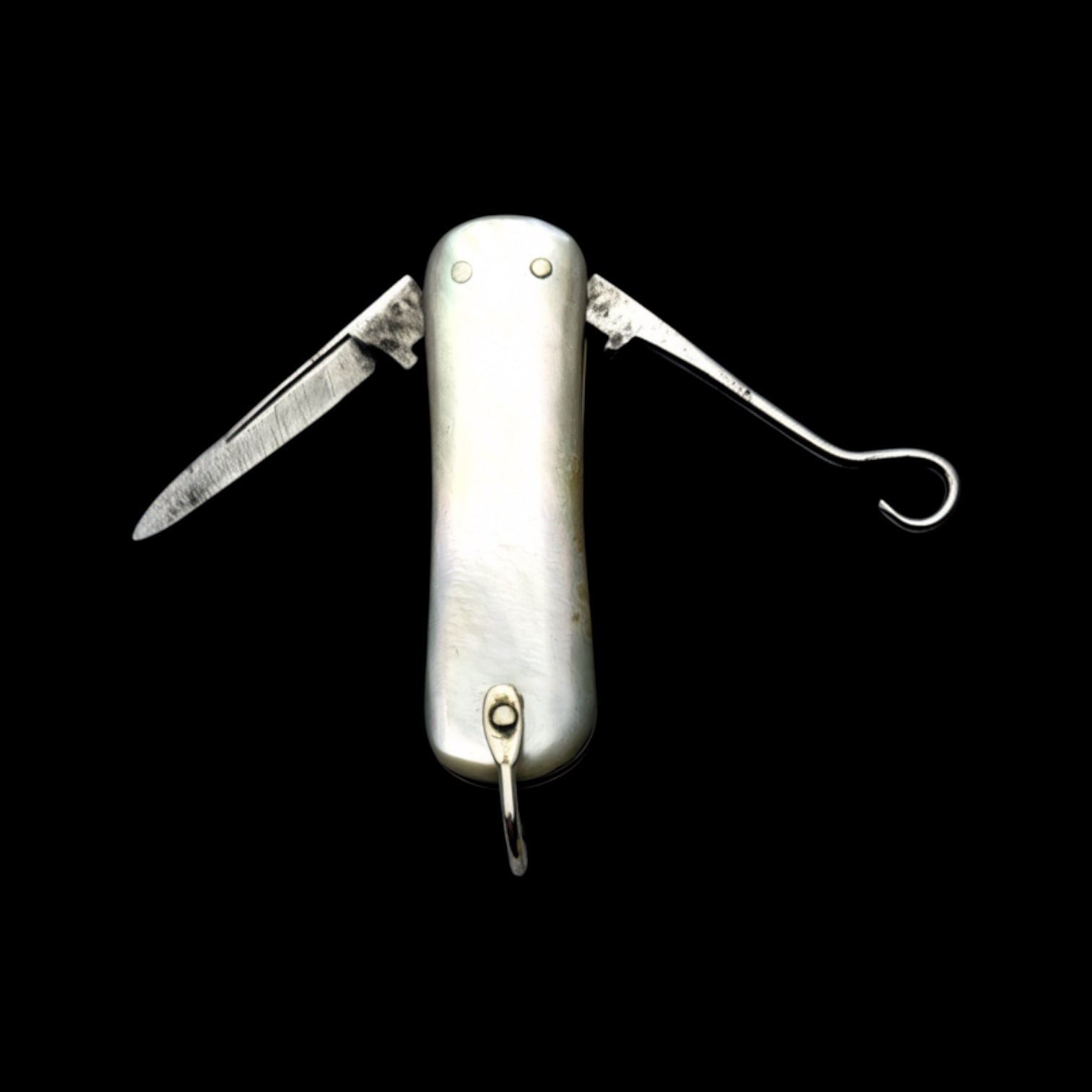 Vintage Pocket Knife Key Ring. Early 19th Century. Mother of Pearl and Sterling Silver