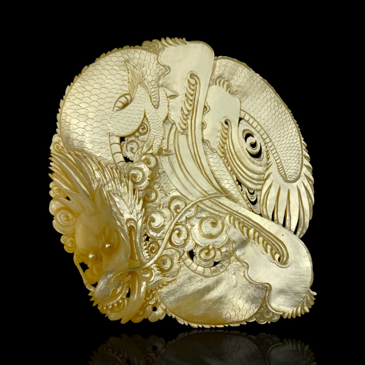 Hand-Carved Mother-of-Pearl Dragon & Koi Plaque Pearl Shell