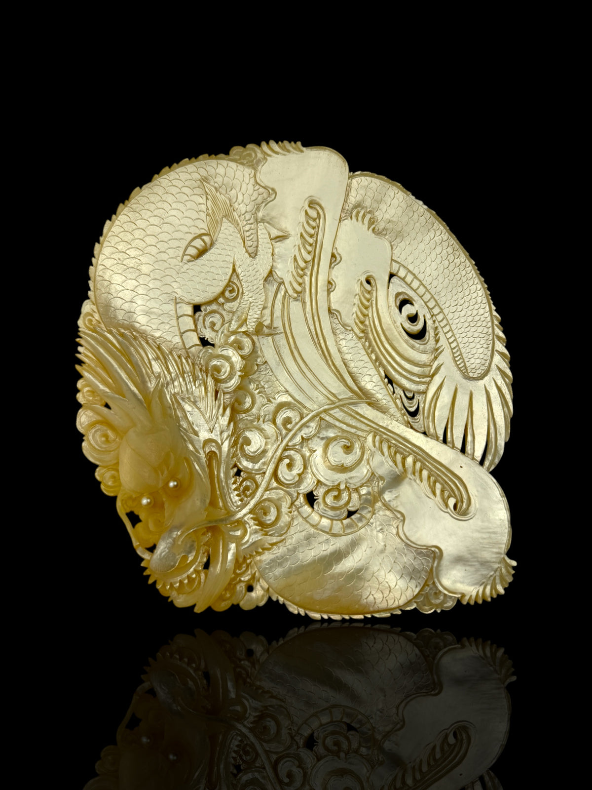 Hand-Carved Mother-of-Pearl Dragon & Koi Plaque Pearl Shell