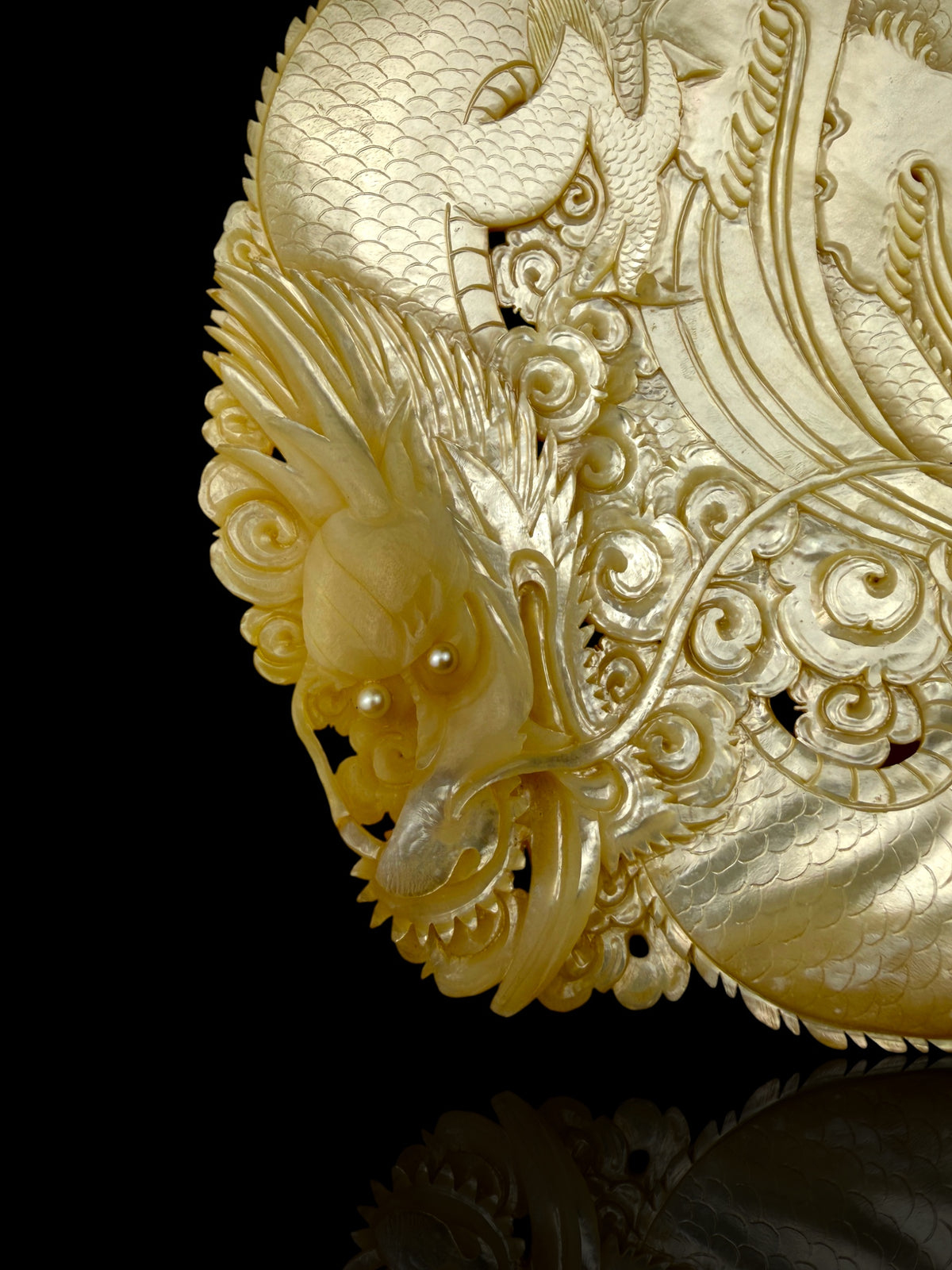 Hand-Carved Mother-of-Pearl Dragon & Koi Plaque Pearl Shell