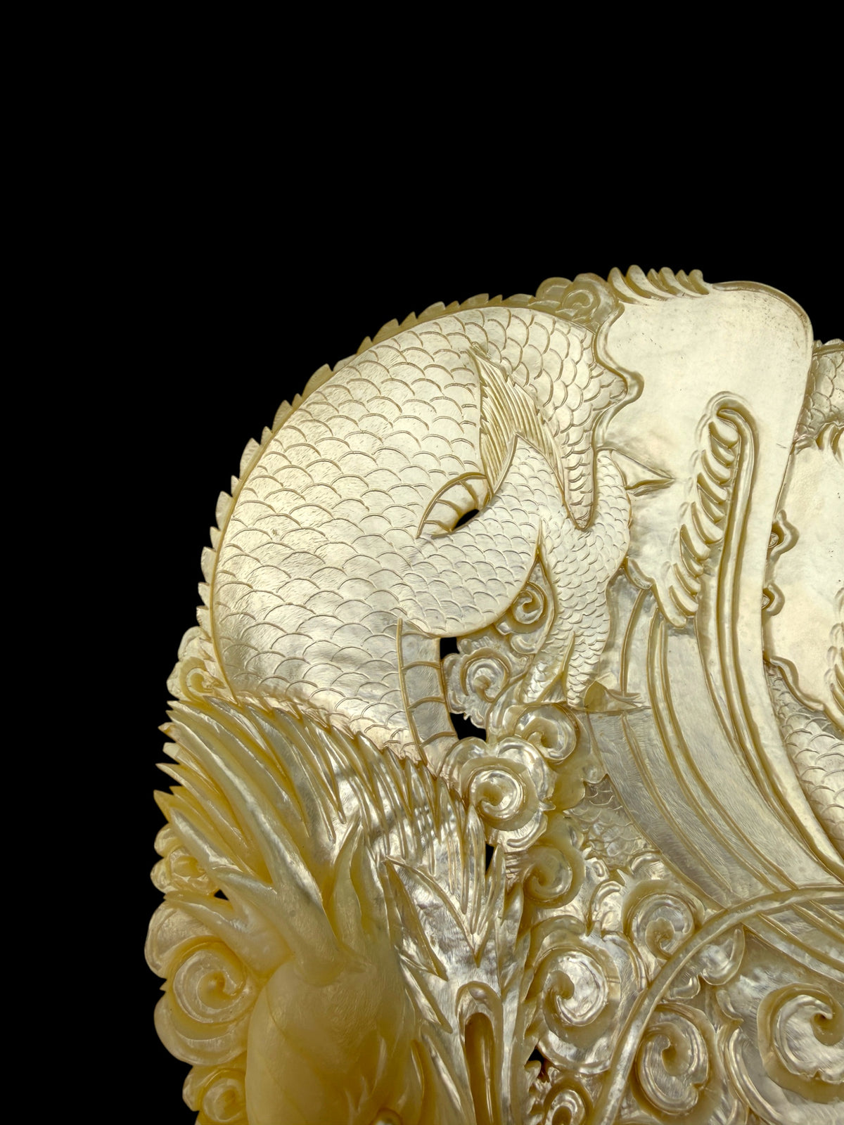 Hand-Carved Mother-of-Pearl Dragon & Koi Plaque Pearl Shell