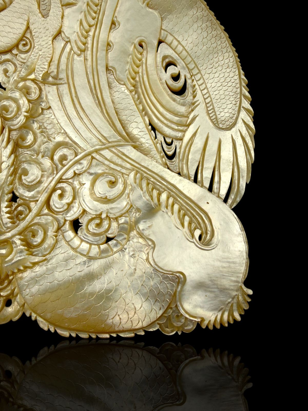 Hand-Carved Mother-of-Pearl Dragon & Koi Plaque Pearl Shell