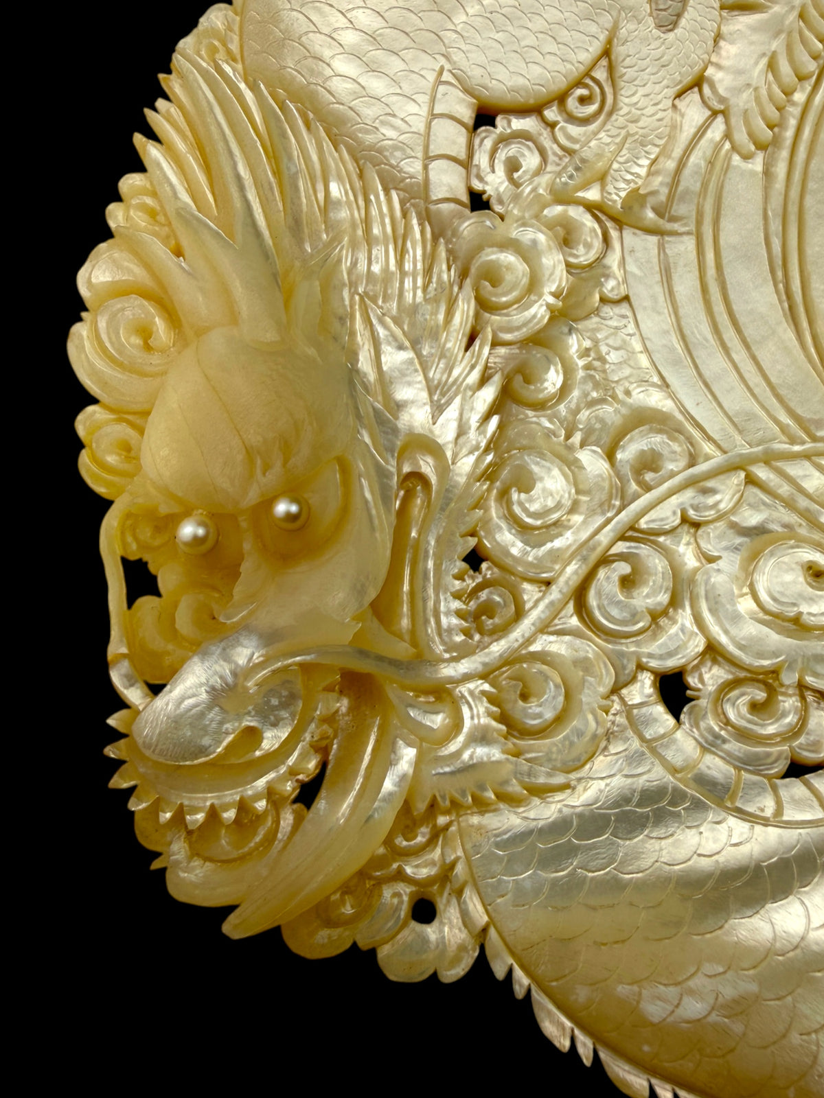 Hand-Carved Mother-of-Pearl Dragon & Koi Plaque Pearl Shell