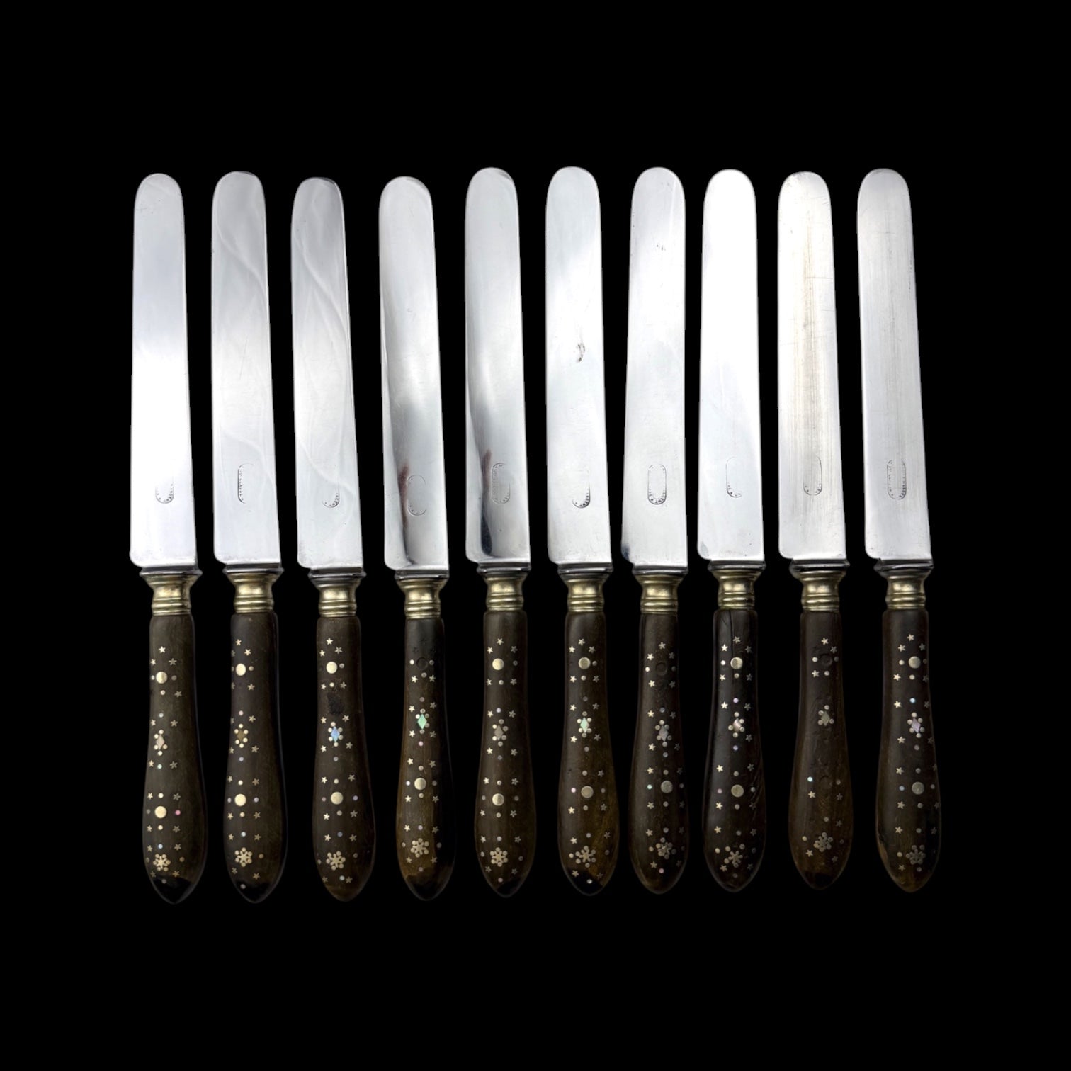 Antique French Ebony Knife Set. Ebony and Silver Plate. France, cira 1880-1910
