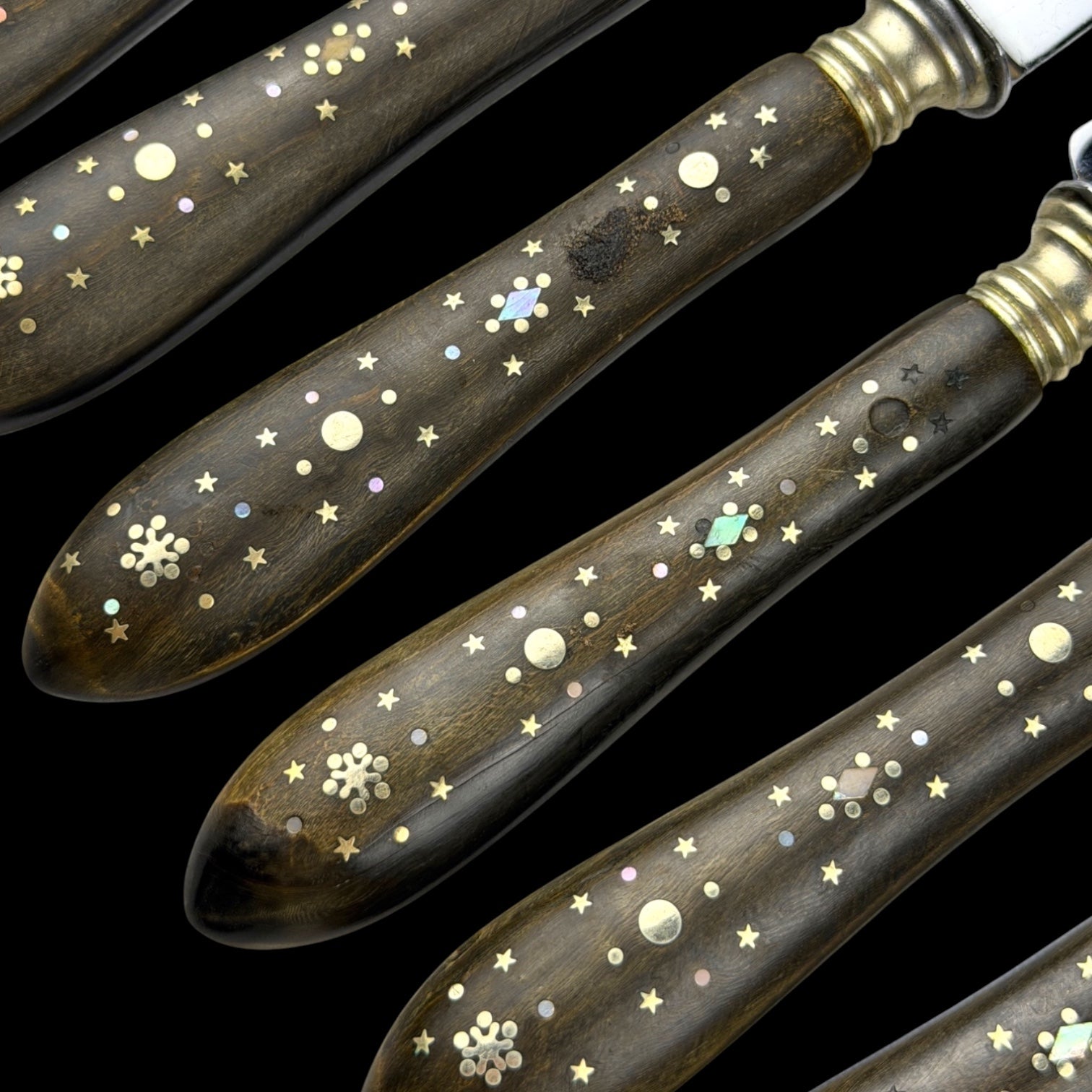 Antique French Ebony Knife Set. Ebony and Silver Plate. France, cira 1880-1910