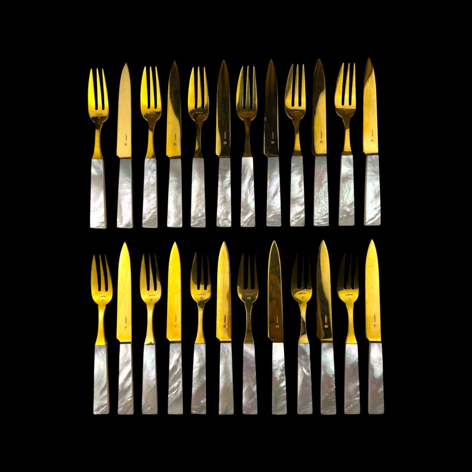 French Art Deco Cutlery Set. Gilt and Mother of Pearl. Cased.