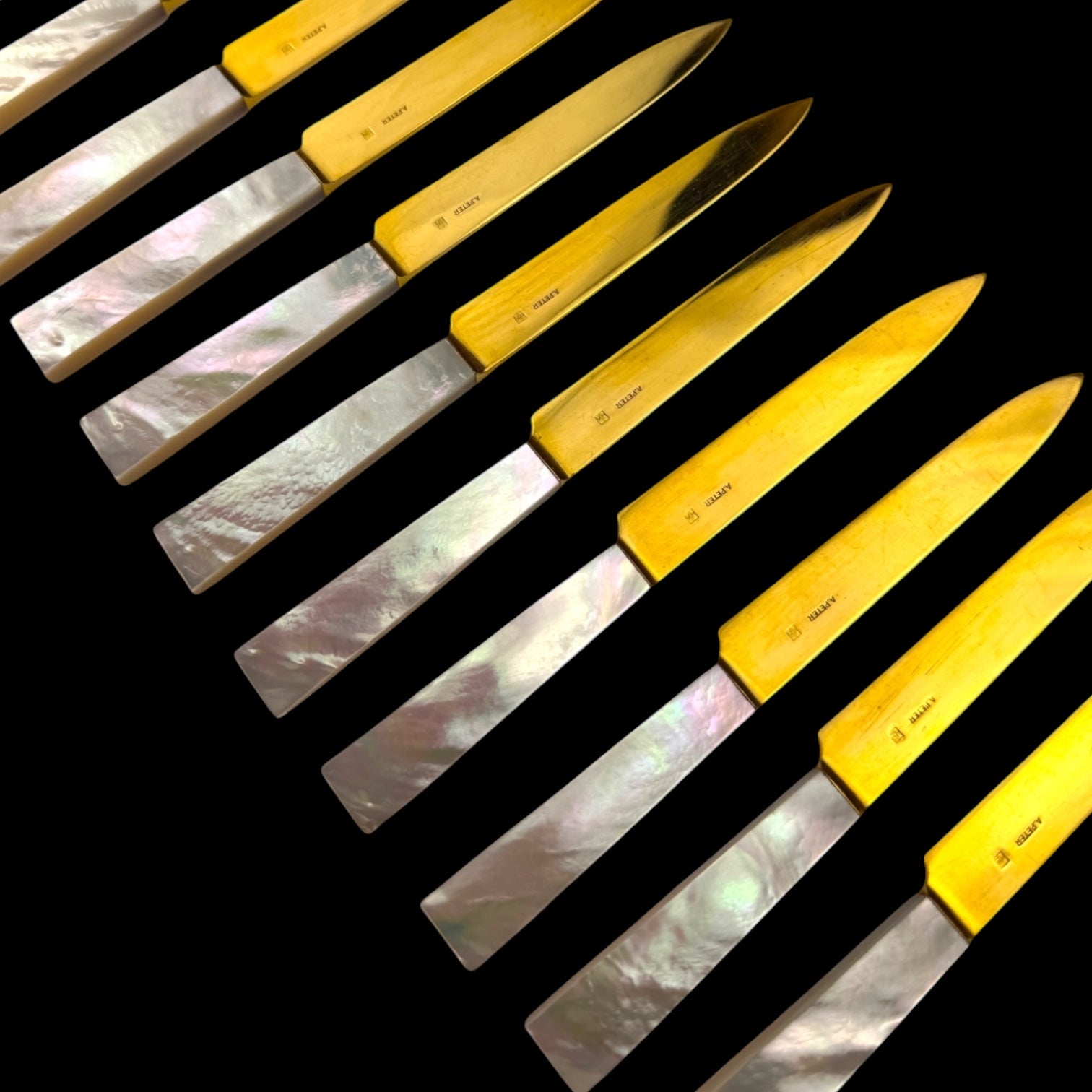 French Art Deco Cutlery Set. Gilt and Mother of Pearl. Cased.
