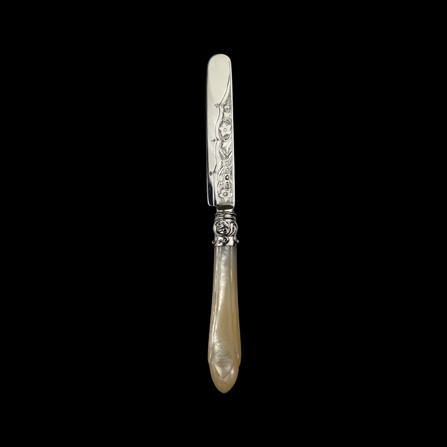 Letter Opener or Butter Knife. 1867, Sterling Silver and Mother of Pearl. Cased.