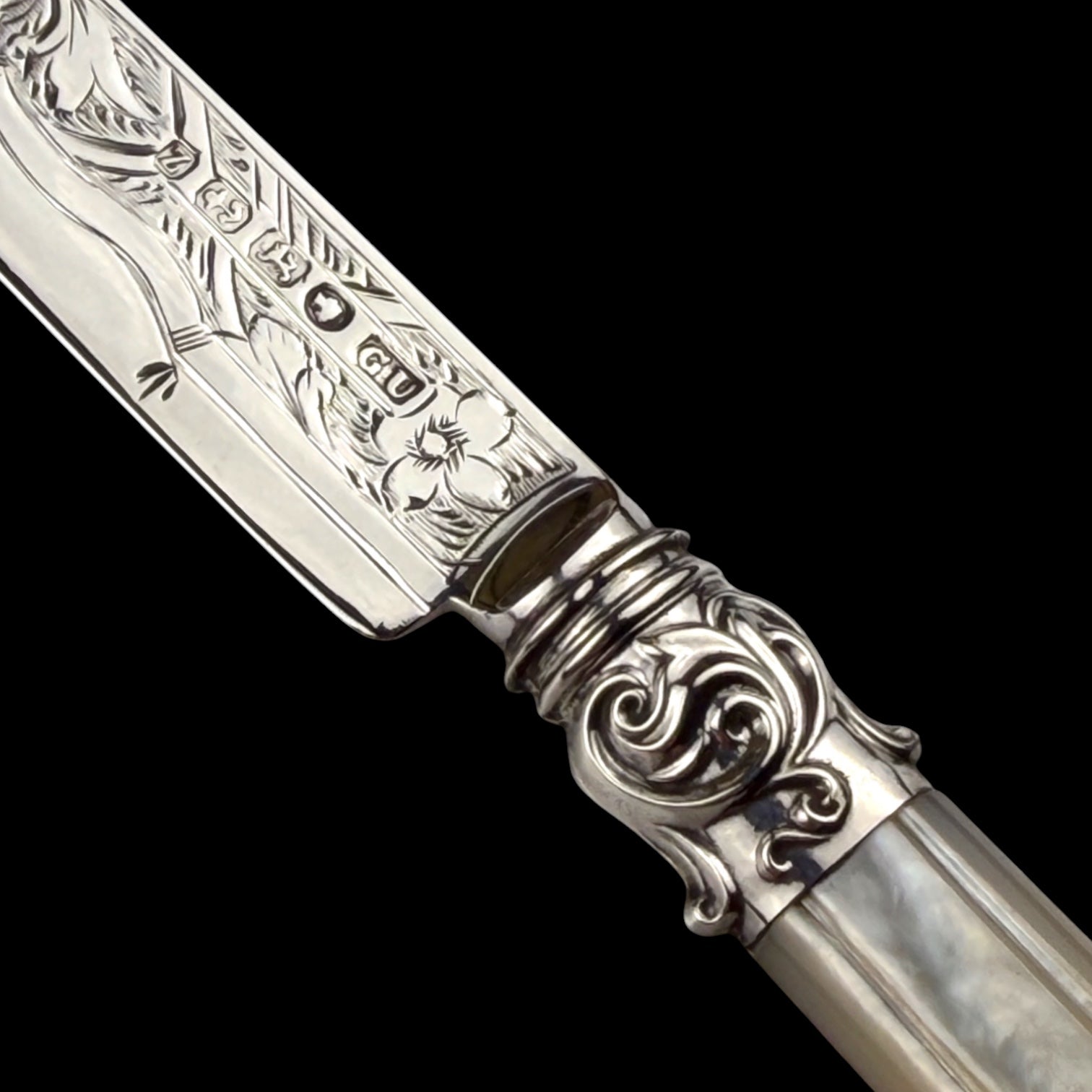 Letter Opener or Butter Knife. 1867, Sterling Silver and Mother of Pearl. Cased.