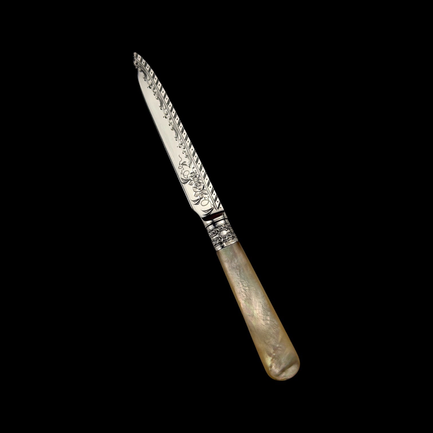 Antique Letter Opener or Butter Knife. 1902, Mother of Pearl and Sterling Silver. Cased.