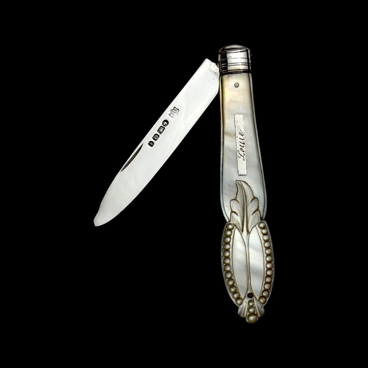 Antique Pocket Knife. 1872, Mother of Pearl and Sterling Silver.