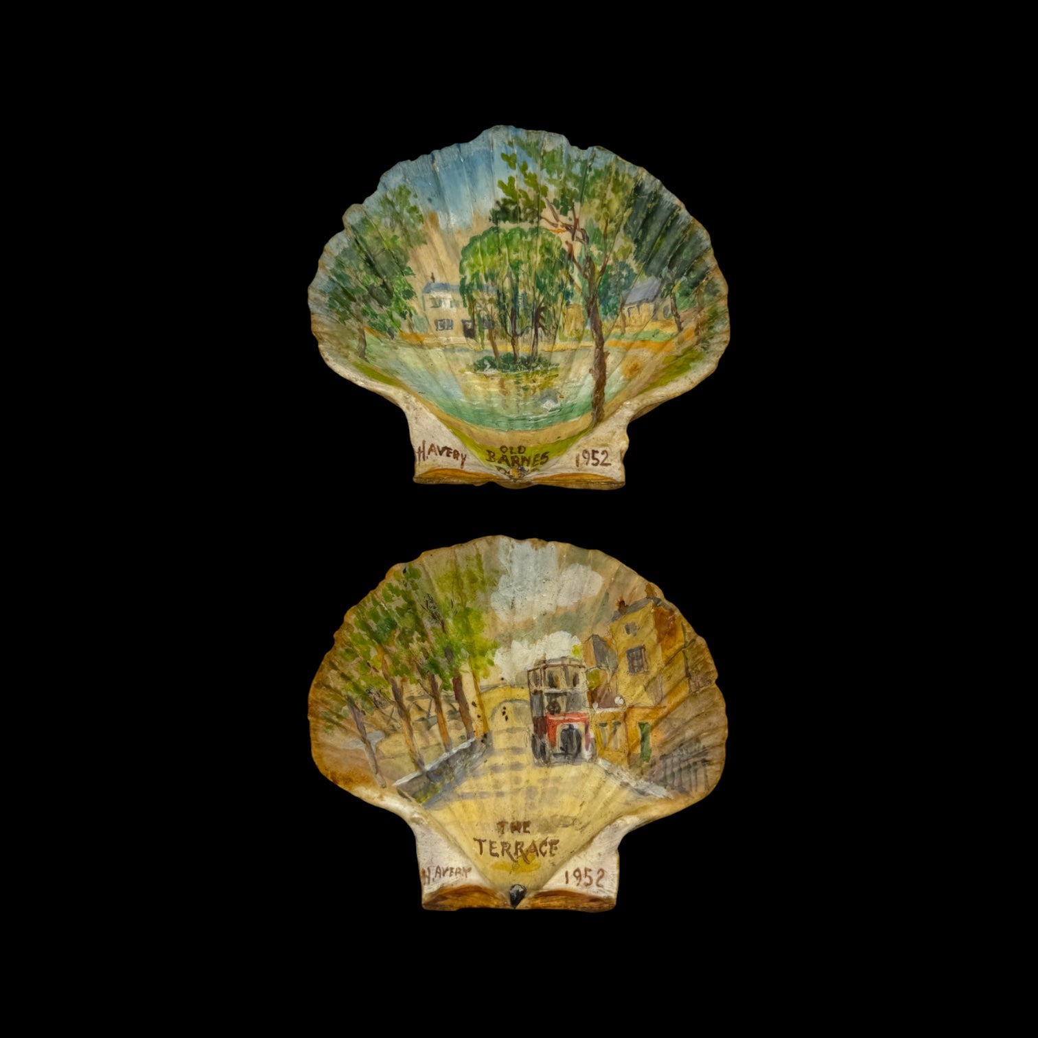 Pair of Hand-Painted 1952 British Souvenir Scallop Shells – Barnes, London – Signed H. Avery