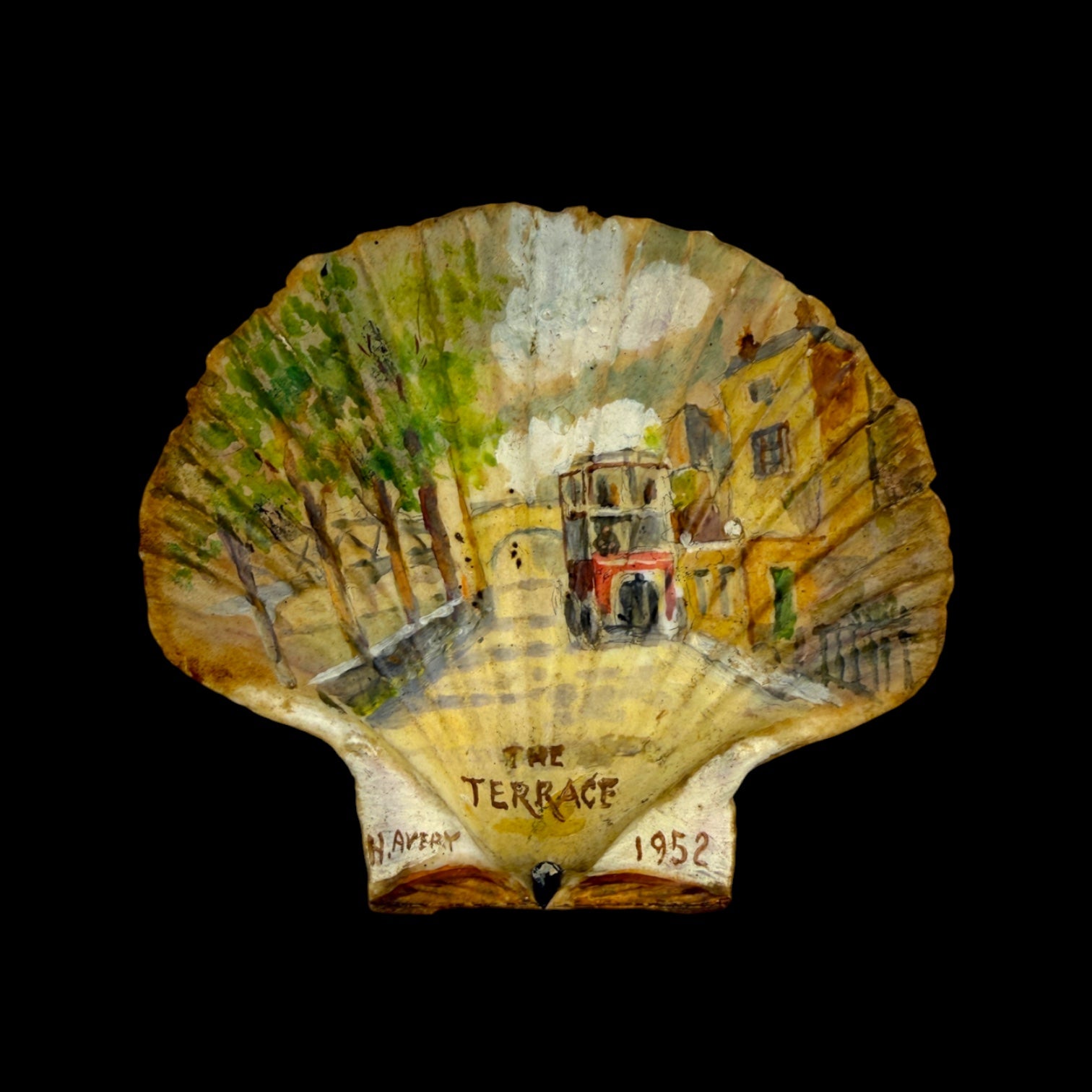Pair of Hand-Painted 1952 British Souvenir Scallop Shells – Barnes, London – Signed H. Avery