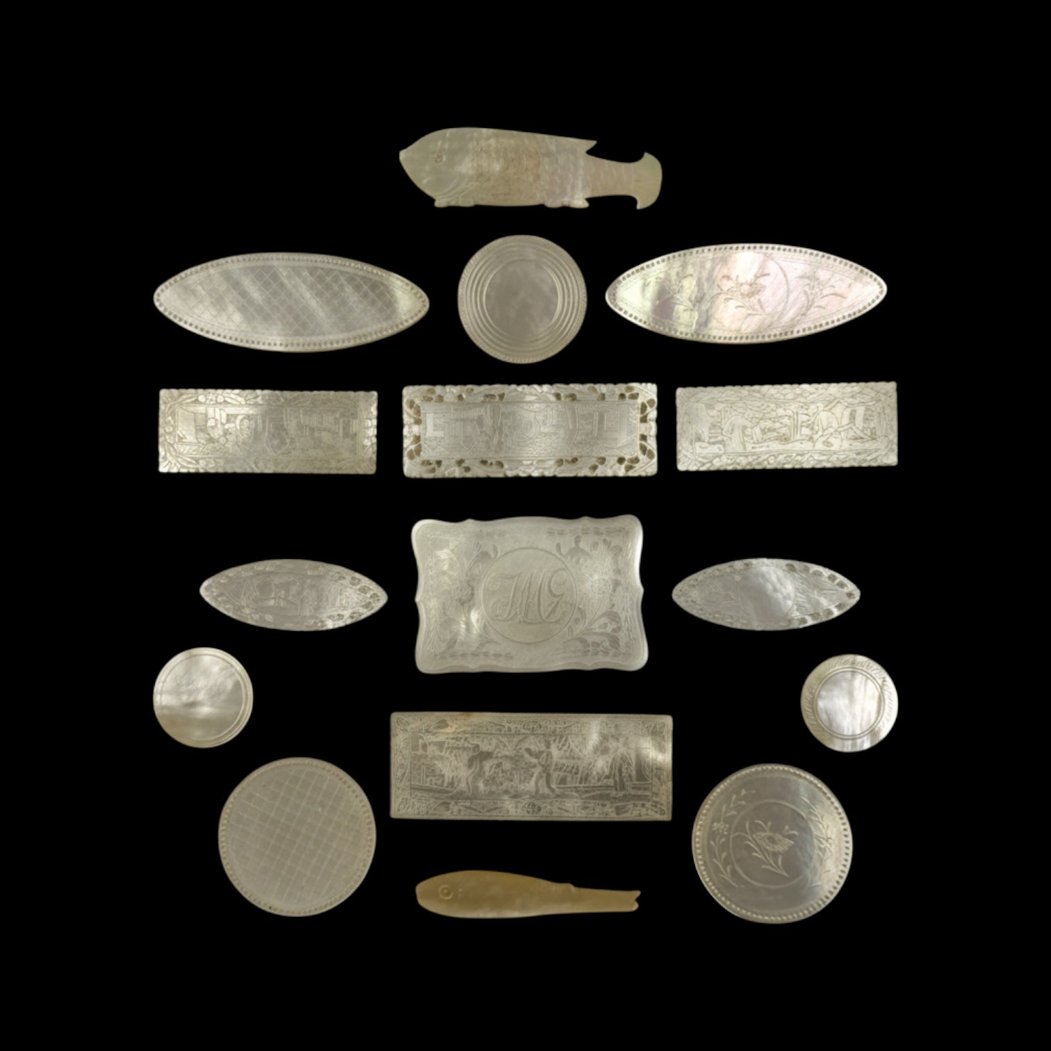 Antique Mother of Pearl Gaming Counters. 18th-19th Century. Ready for Framing.