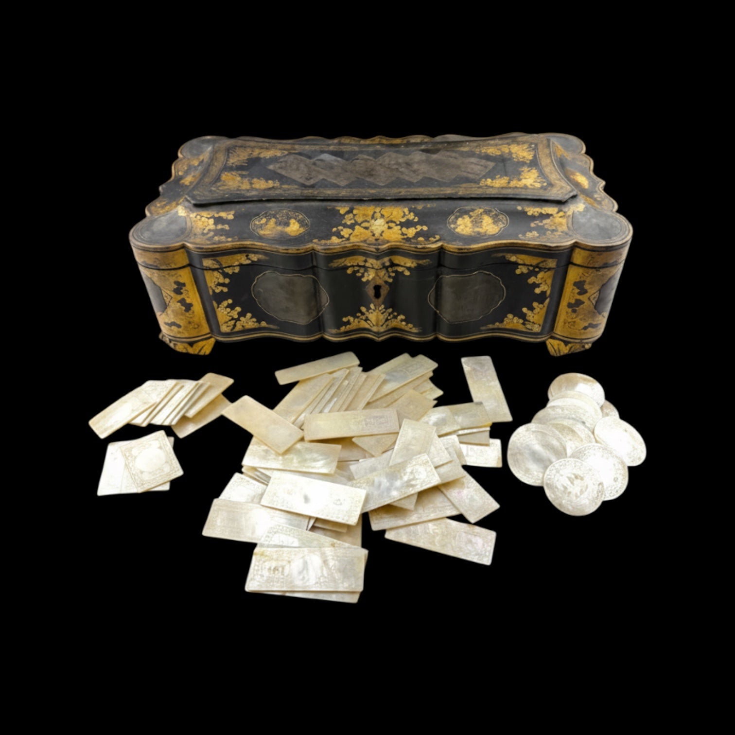 Qing Dynasty Games Box and Mother of Pearl Counters.