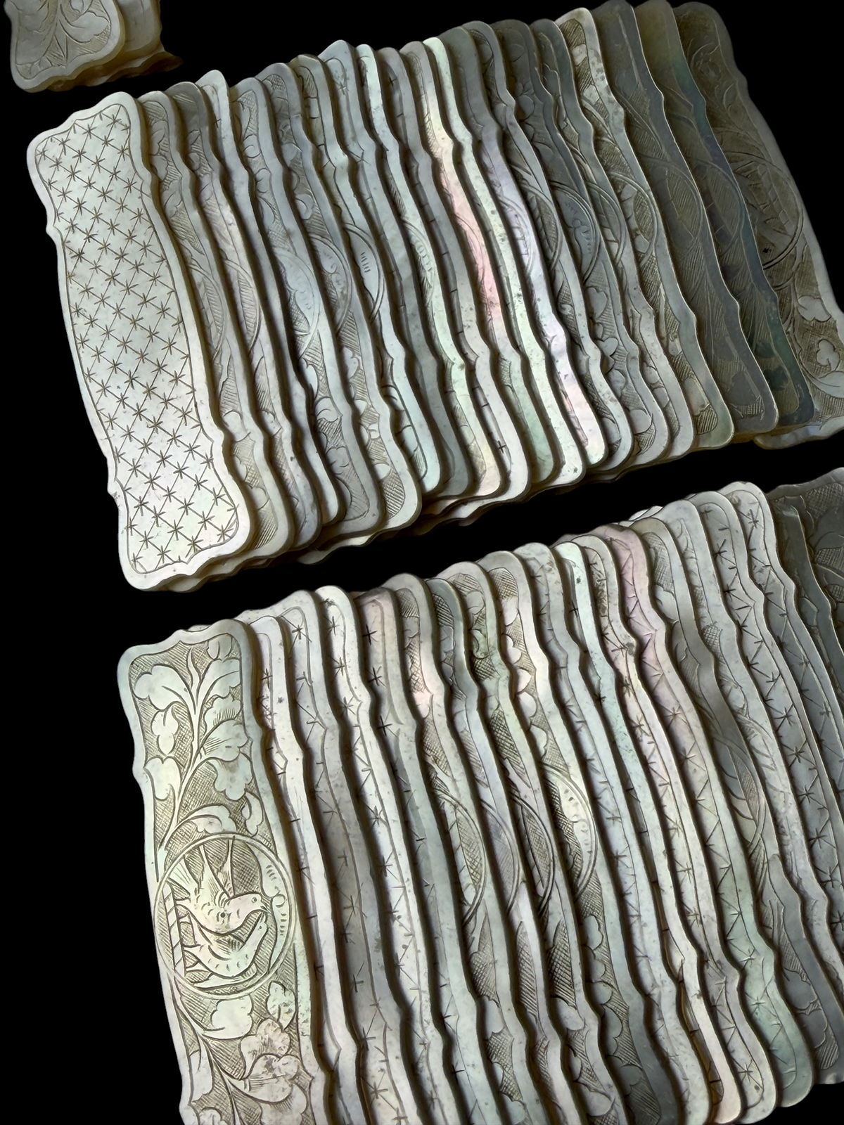 Qing Dynasty Mother-of-Pearl Gaming Counters, 129 Pieces, China c.1850