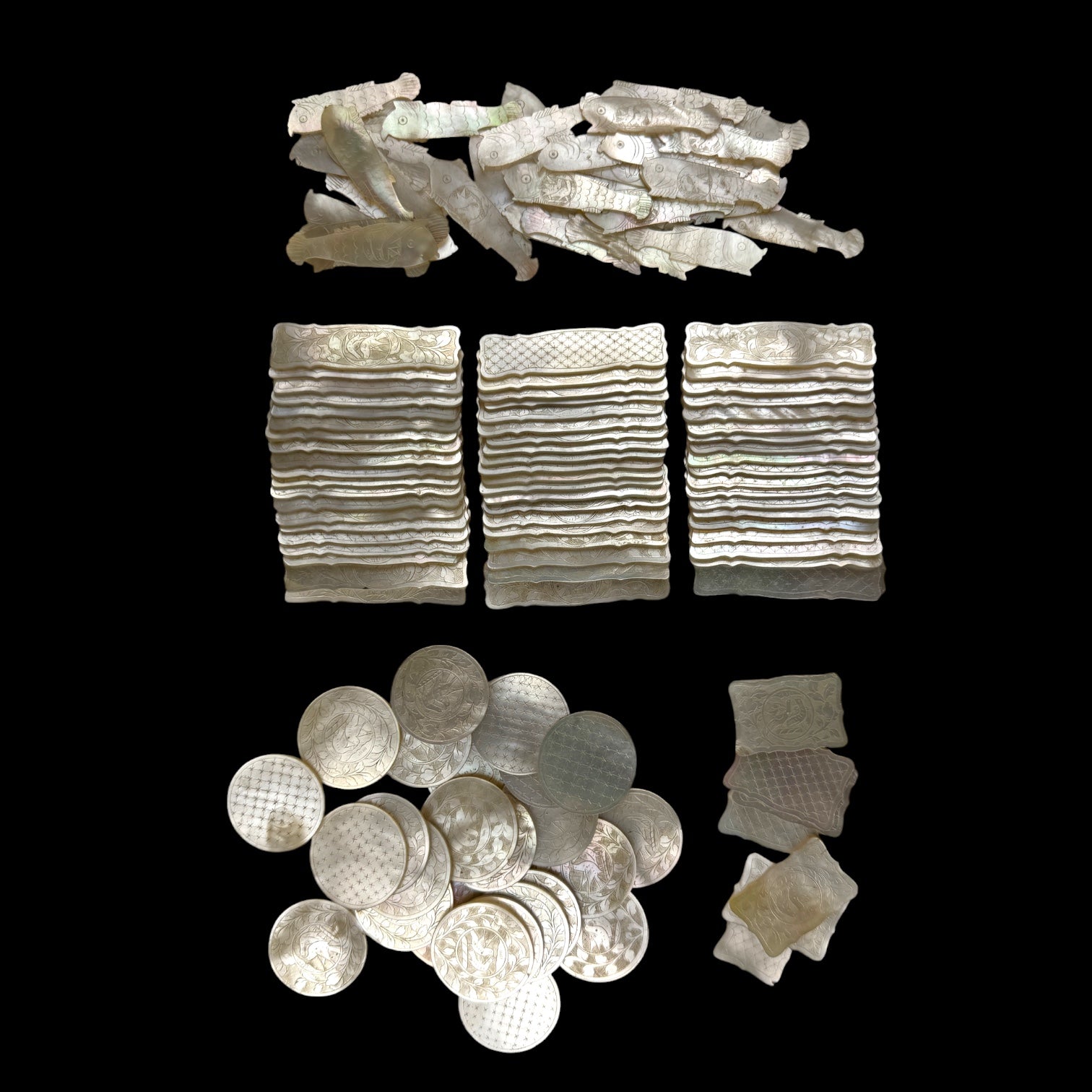 Qing Dynasty Mother-of-Pearl Gaming Counters, 129 Pieces, China c.1850