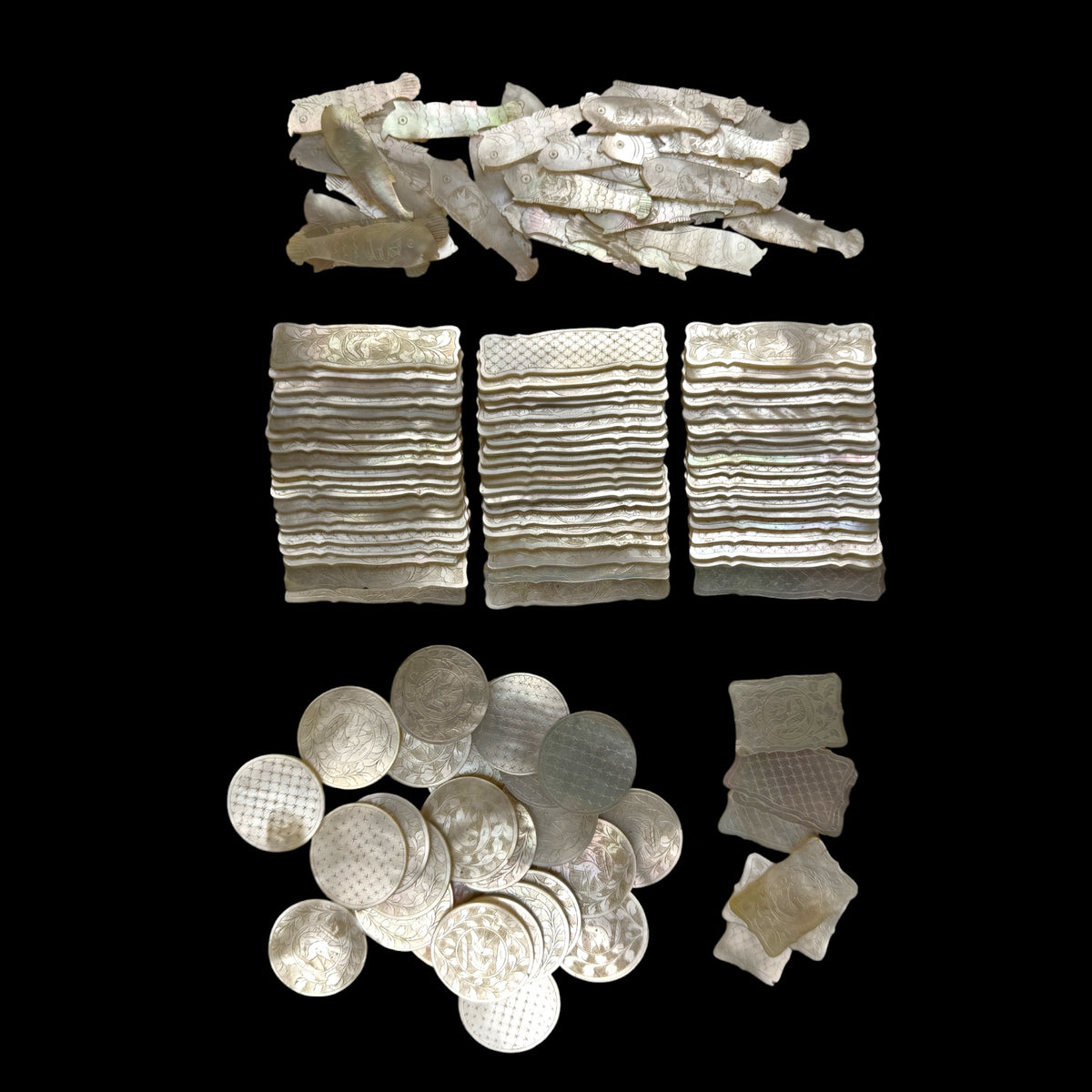 Qing Dynasty Mother-of-Pearl Gaming Counters, 129 Pieces, China c.1850