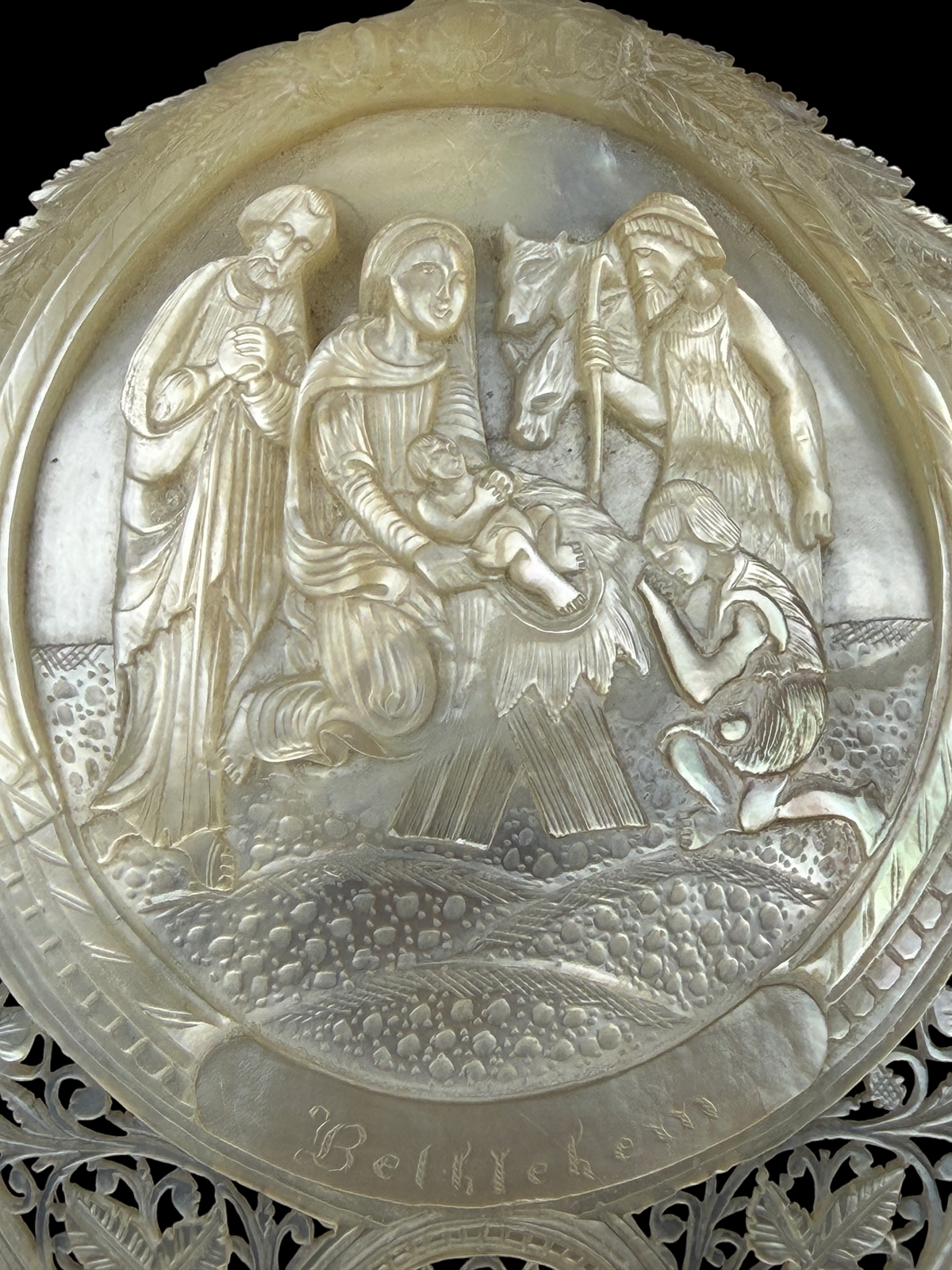 19th Century Bethlehem Mother-of-Pearl Nativity Plaque