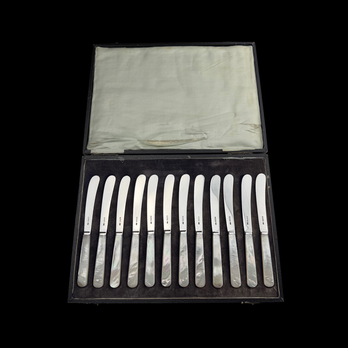 Set of 12 Sterling Silver and Mother of Pearl Butter Knives, 1926