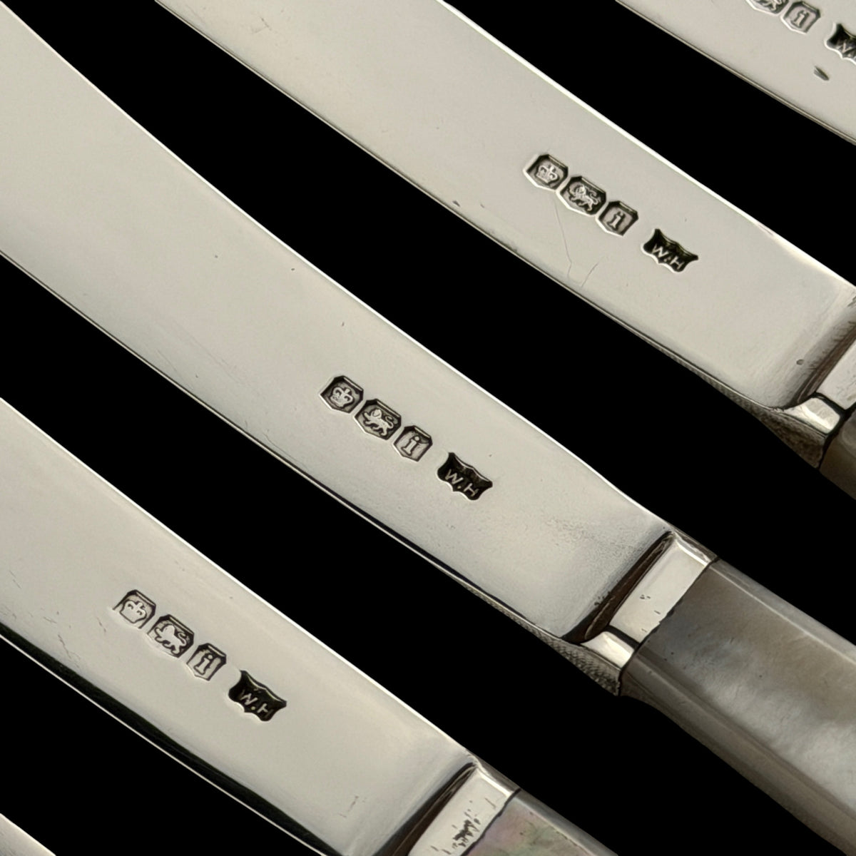 Set of 12 Sterling Silver and Mother of Pearl Butter Knives, 1926