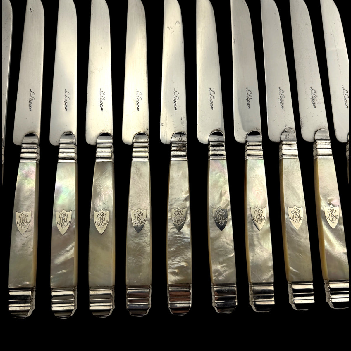 Set of 12 Mother of Pearl Table Knives by L. Lapar, France, c. 1900