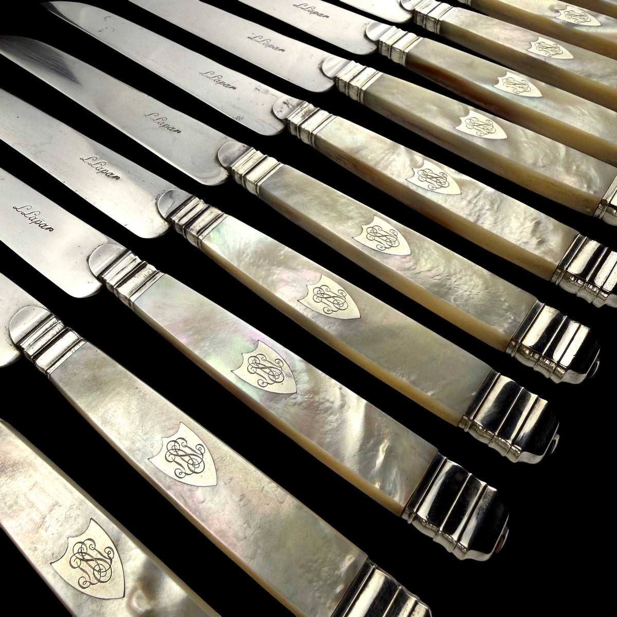 Set of 12 Mother of Pearl Table Knives by L. Lapar, France, c. 1900