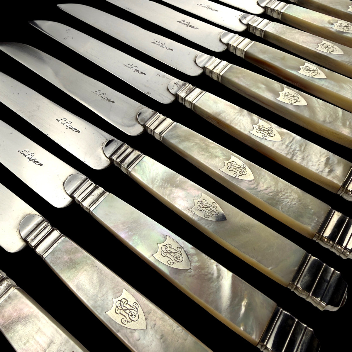 Set of 12 Mother of Pearl Table Knives by L. Lapar, France, c. 1900