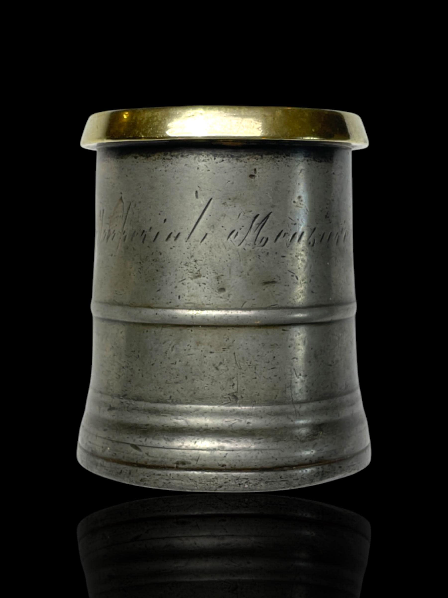 Antique Half Pint Pewter Tankard with Brass Rim. Engraved and Stamped.