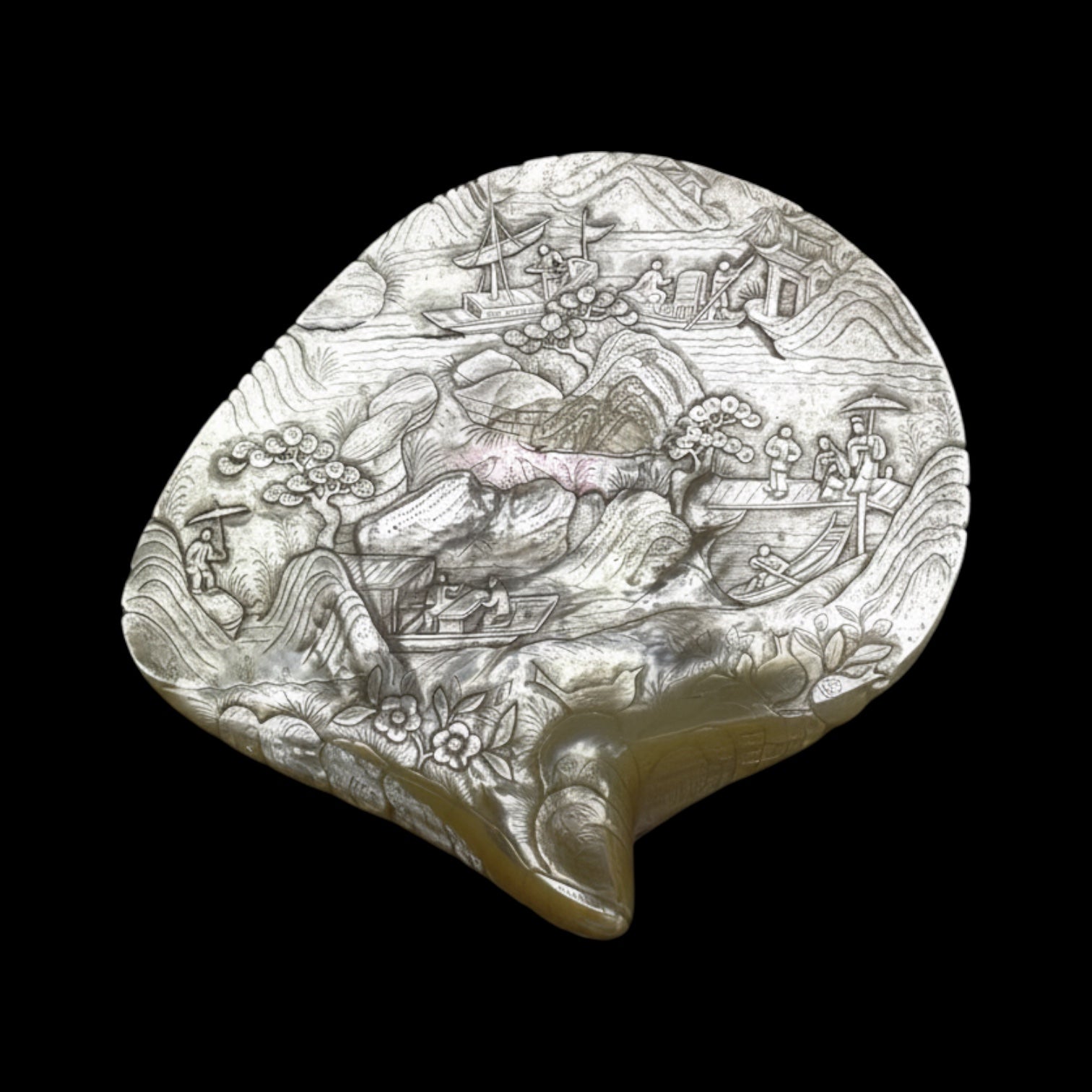 Large and Rare Museum-Grade Qing Dynasty (early 1800s) Hand-Carved Pearl Shell. With stand.