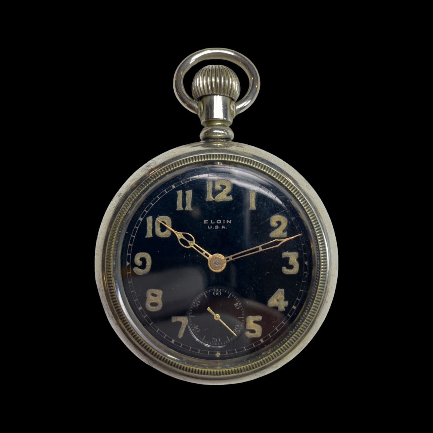 Nickel and Black-faced Elgin Pocket Watch. With Stand.