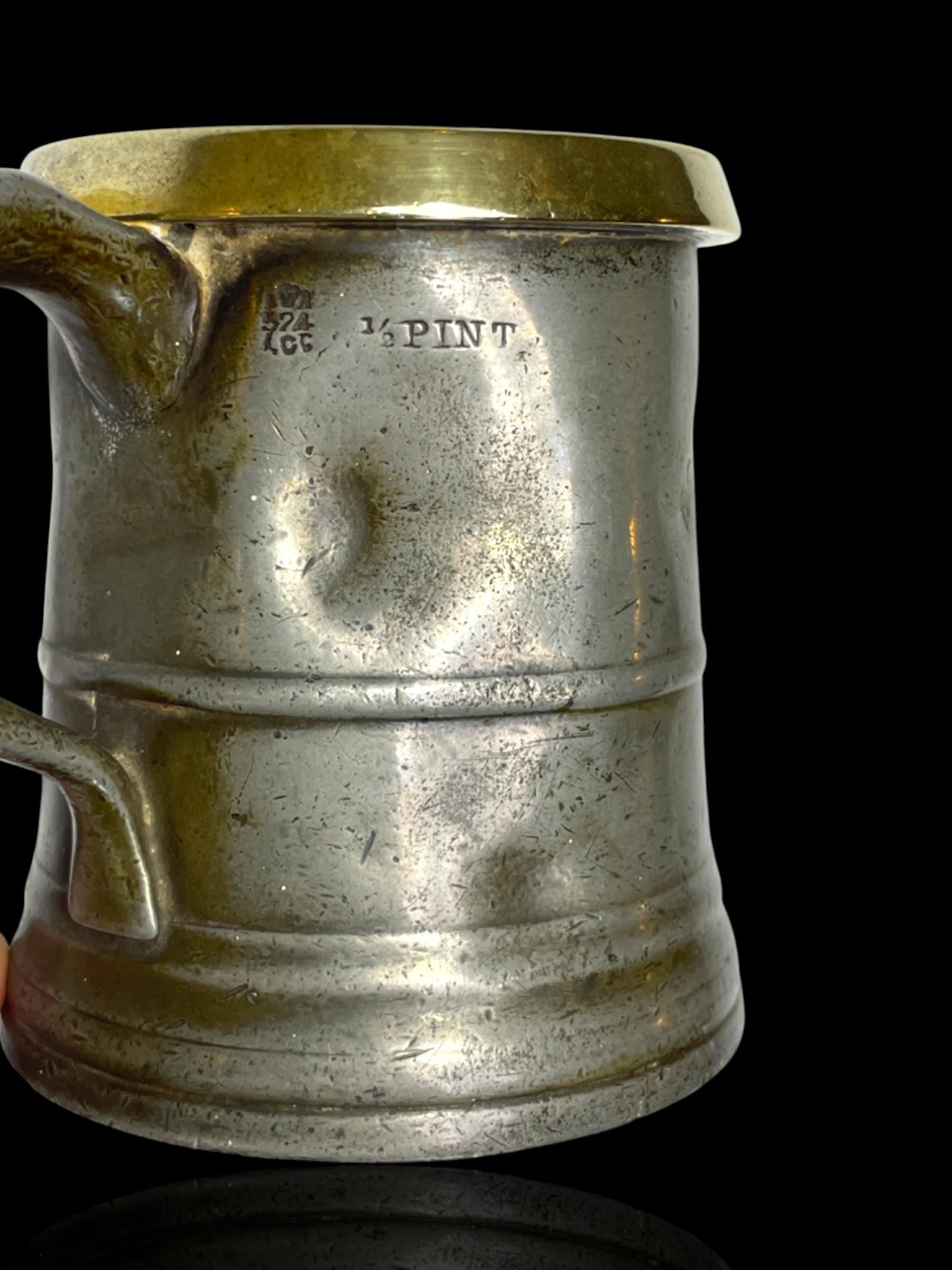 Antique Half Pint Pewter Tankard with Brass Rim. Engraved and Stamped.