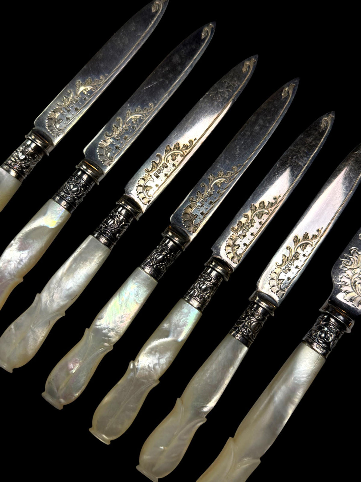 Antique Set of Knives. Mother of Pearl and Silver Plate. Cased.