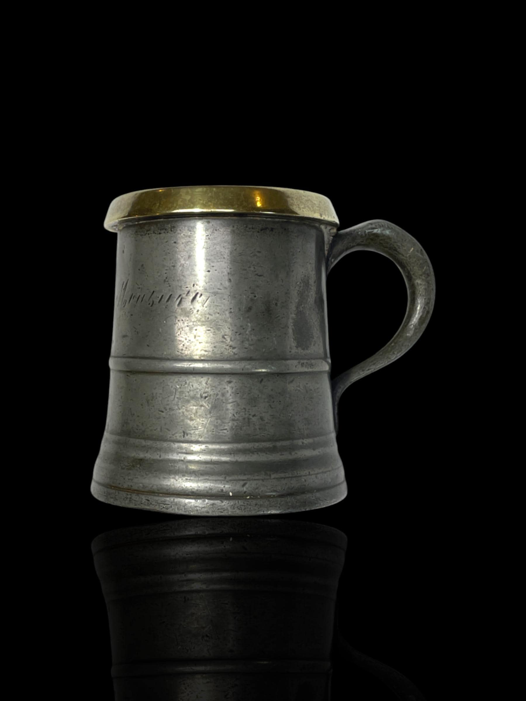 Antique Half Pint Pewter Tankard with Brass Rim. Engraved and Stamped.