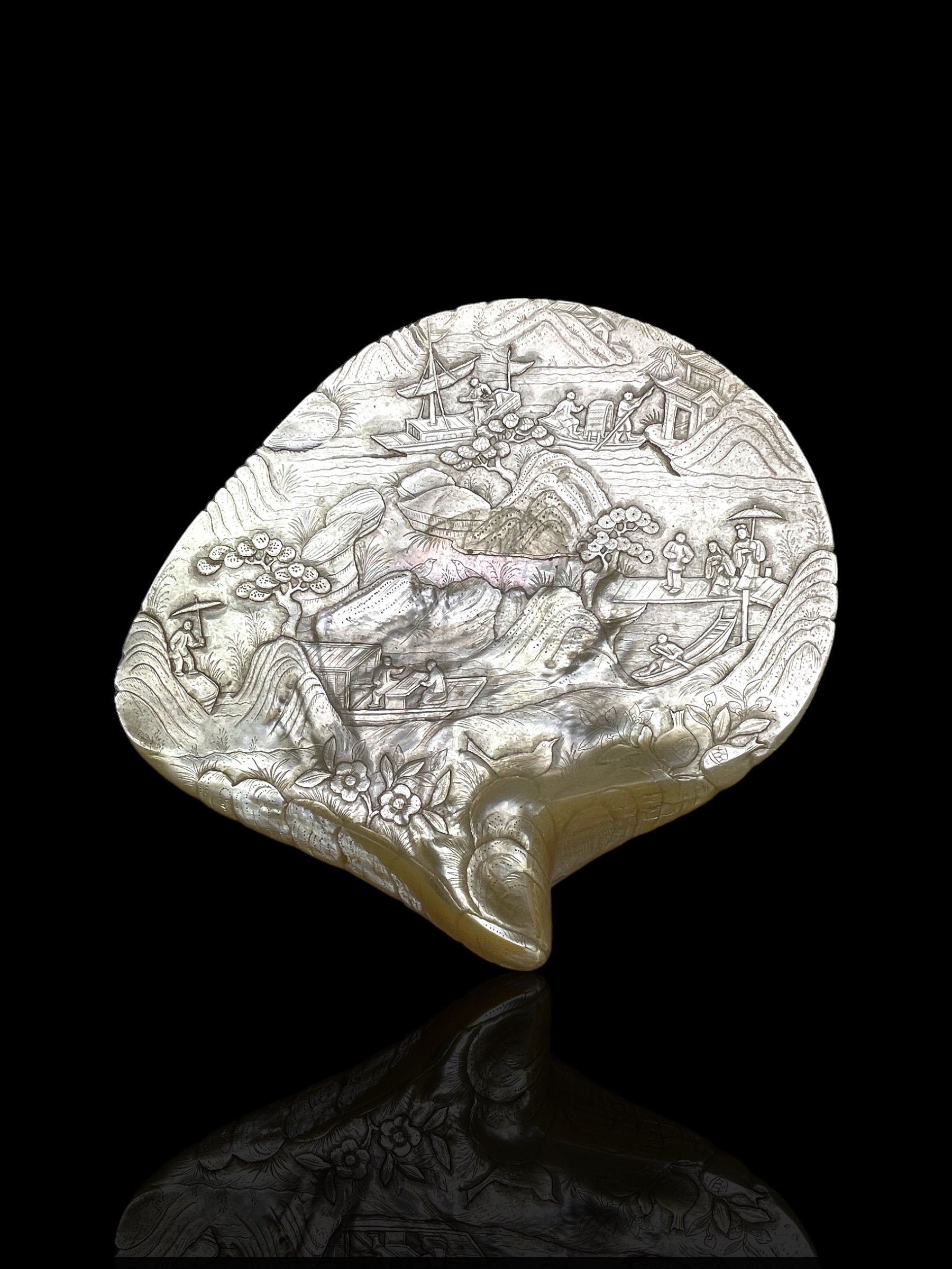 Large and Rare Museum-Grade Qing Dynasty (early 1800s) Hand-Carved Pearl Shell. With stand.