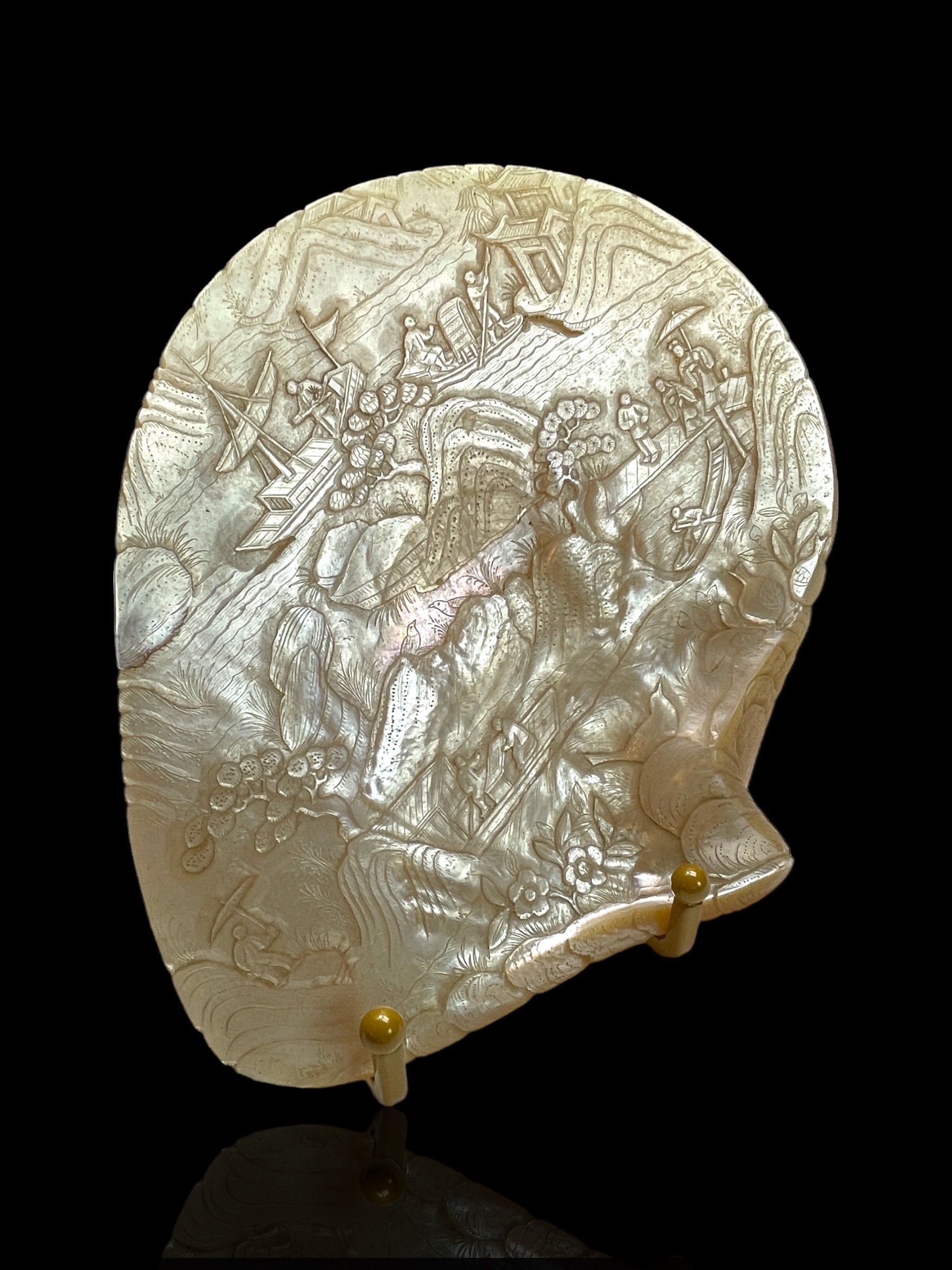 Large and Rare Museum-Grade Qing Dynasty (early 1800s) Hand-Carved Pearl Shell. With stand.