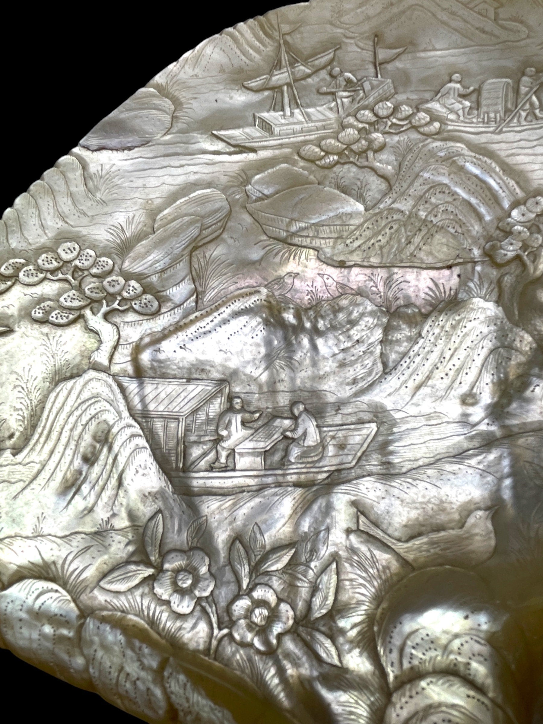 Large and Rare Museum-Grade Qing Dynasty (early 1800s) Hand-Carved Pearl Shell. With stand.
