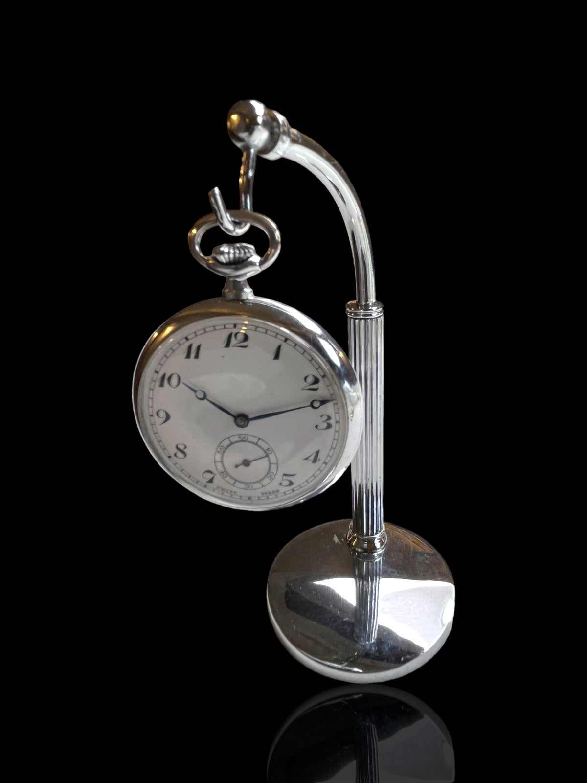 Swiss-Made Steel Pocket Watch with Desk Stand & Keychain