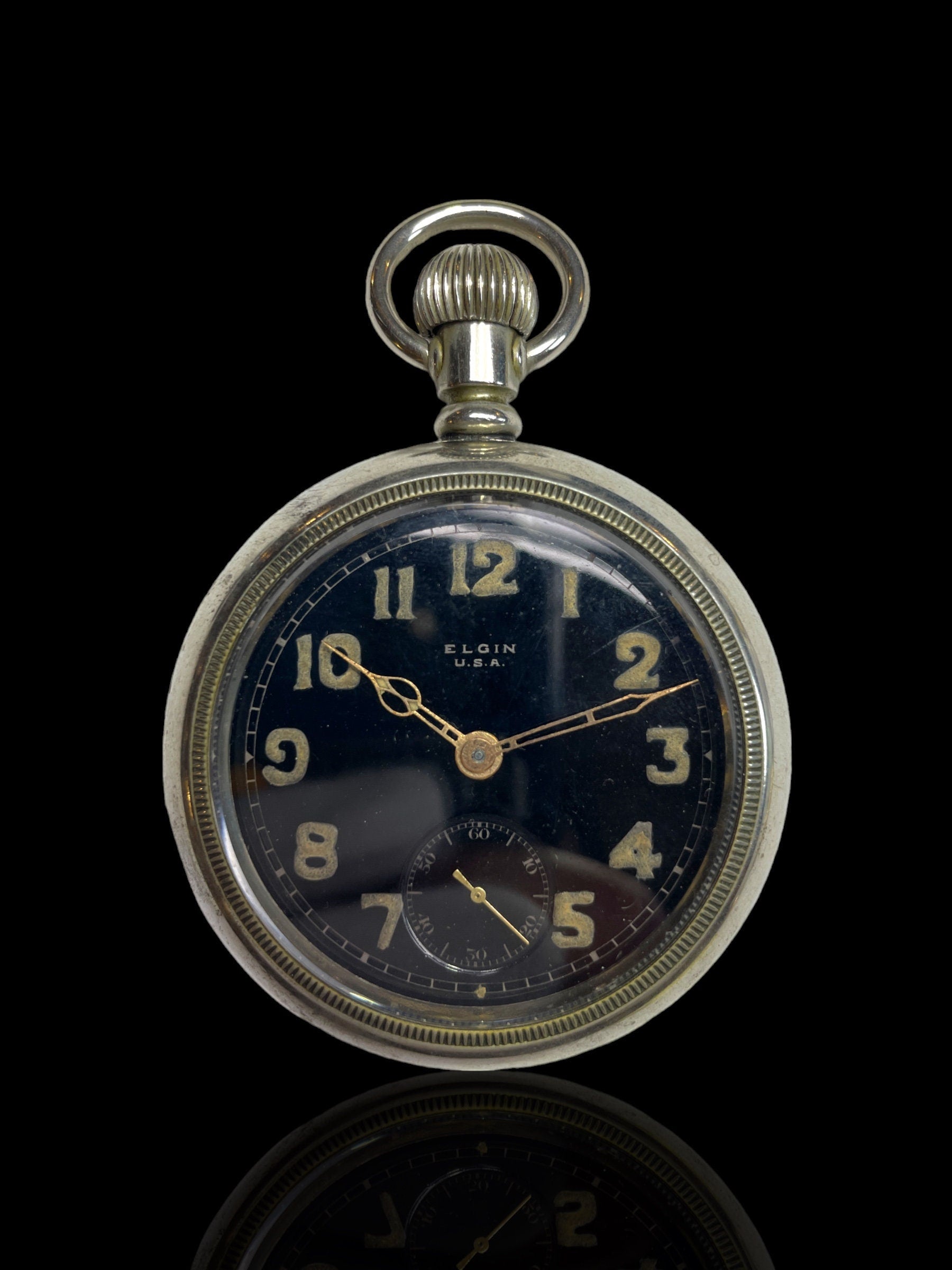 Nickel and Black-faced Elgin Pocket Watch. With Stand.
